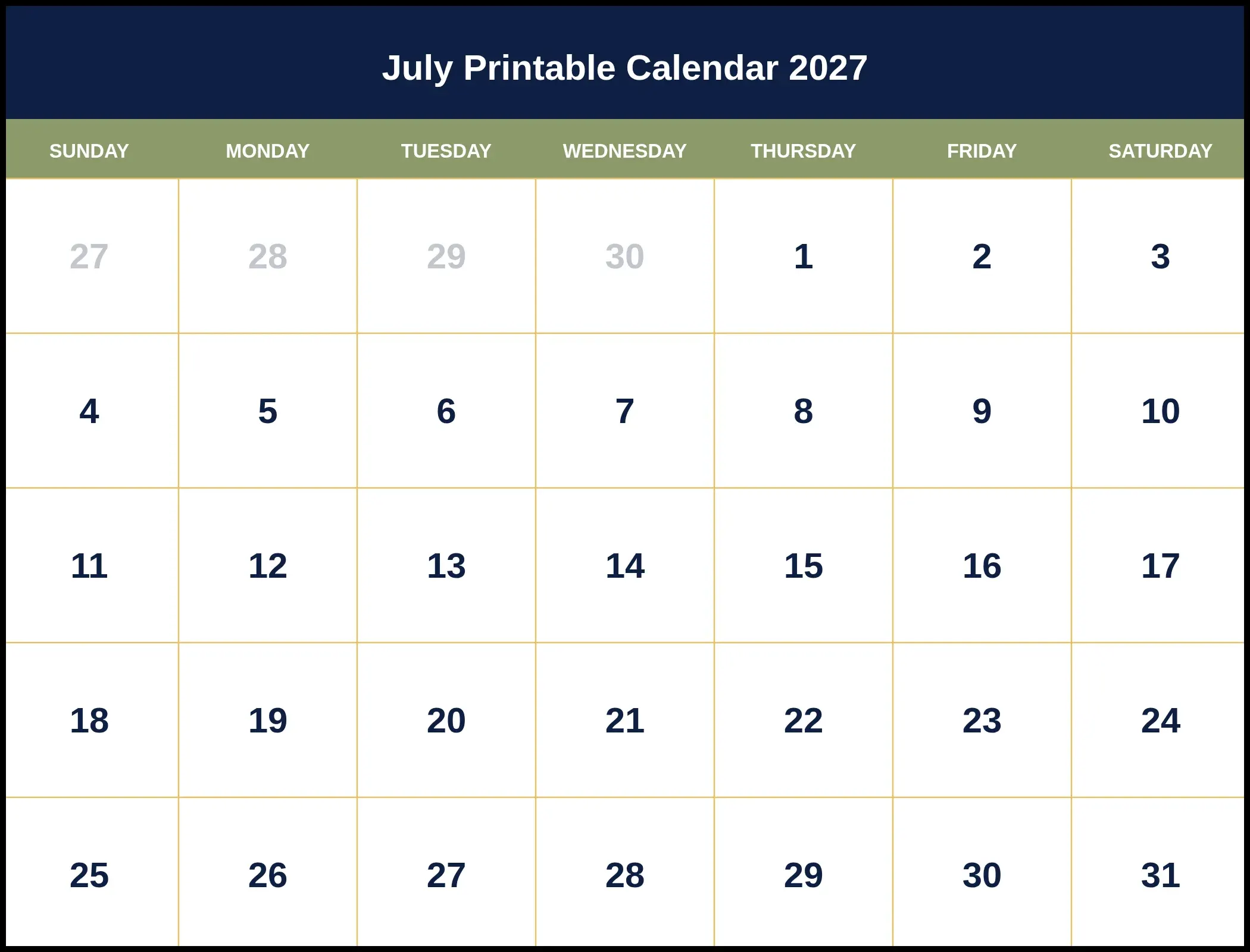 July Printable Calendar 2027