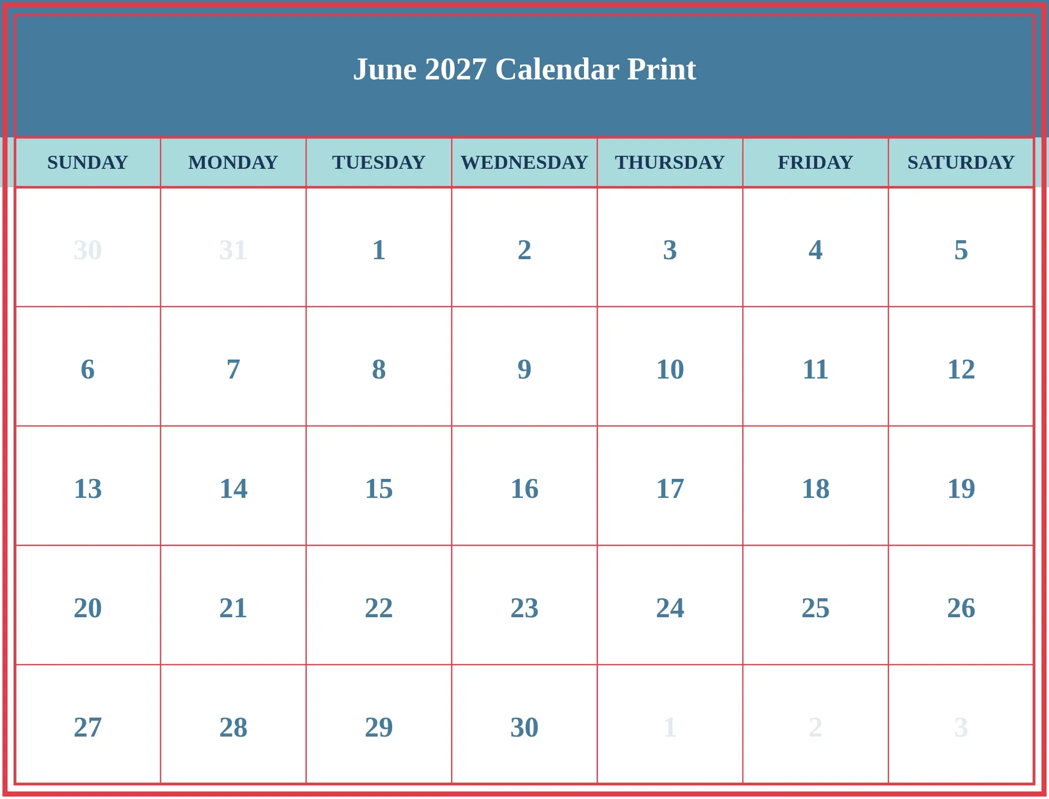 June 2027 Calendar Print Download Landscape