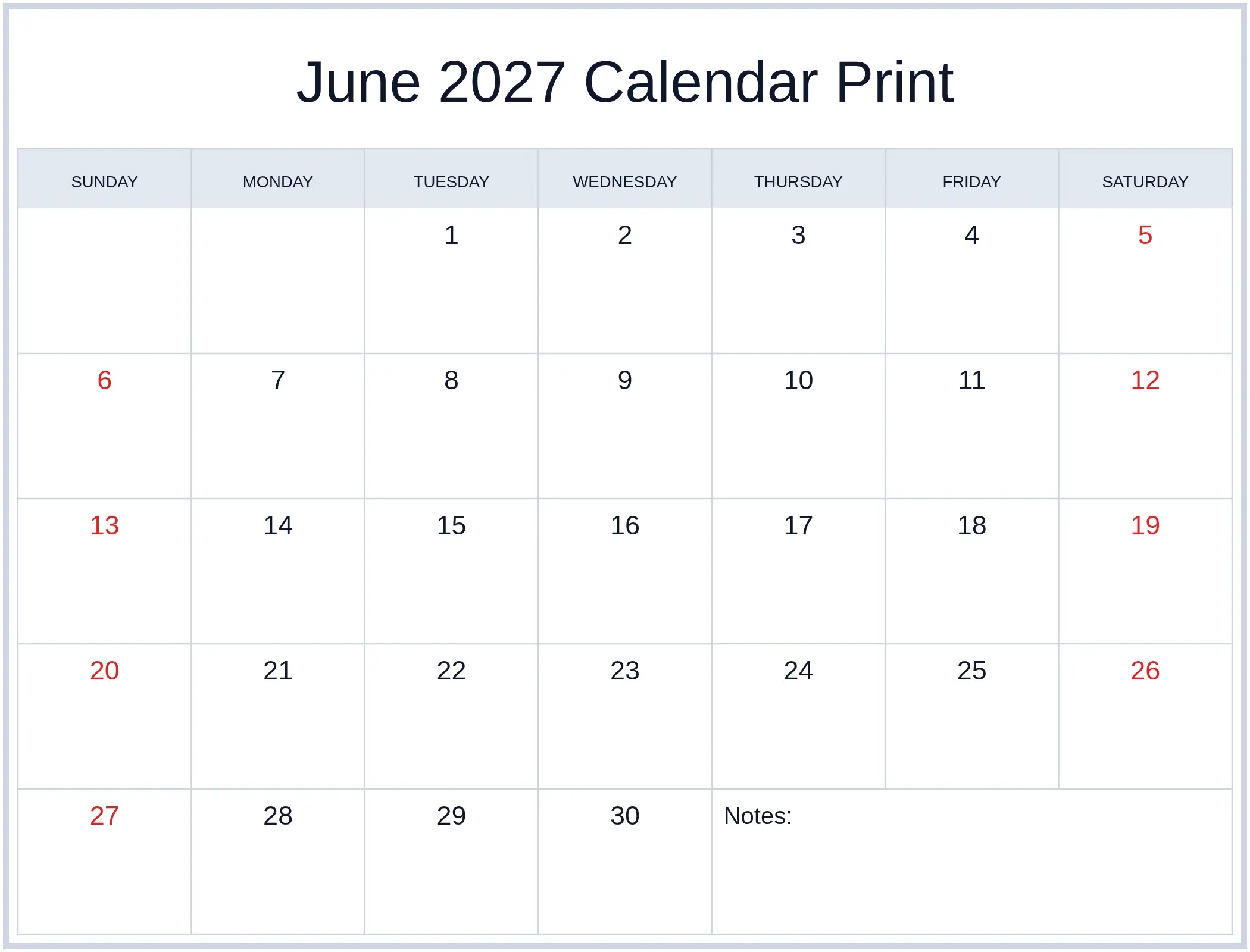 June 2027 Calendar Print with Notes Bottom Landscape June 2027 Calendar Print with Notes Bottom Landscape