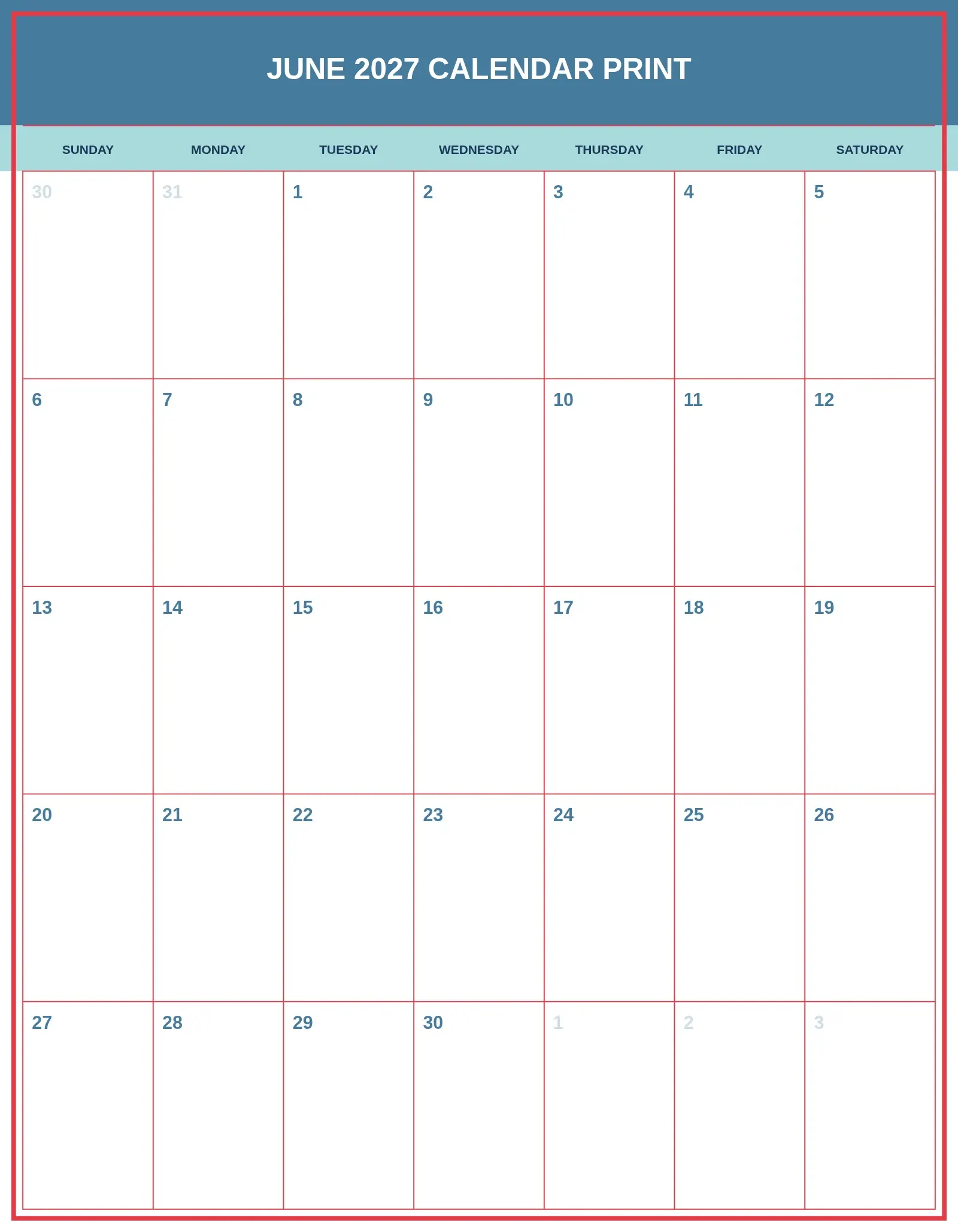 June 2027 Calendar Print With Portrait Template June 2027 Calendar Print With Portrait Template