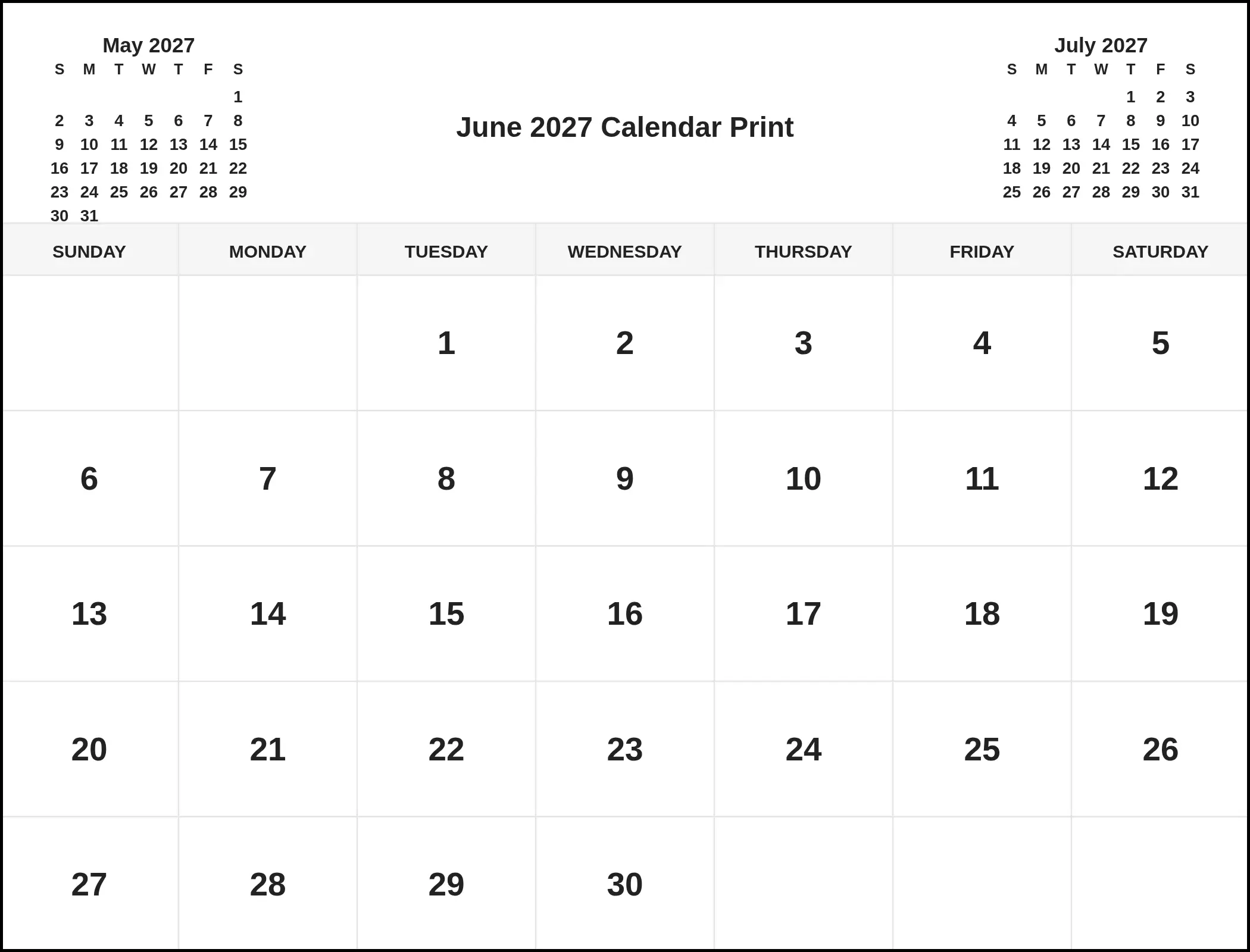June 2027 Calendar Print With Three Month View June 2027 Calendar Print With Three Month View