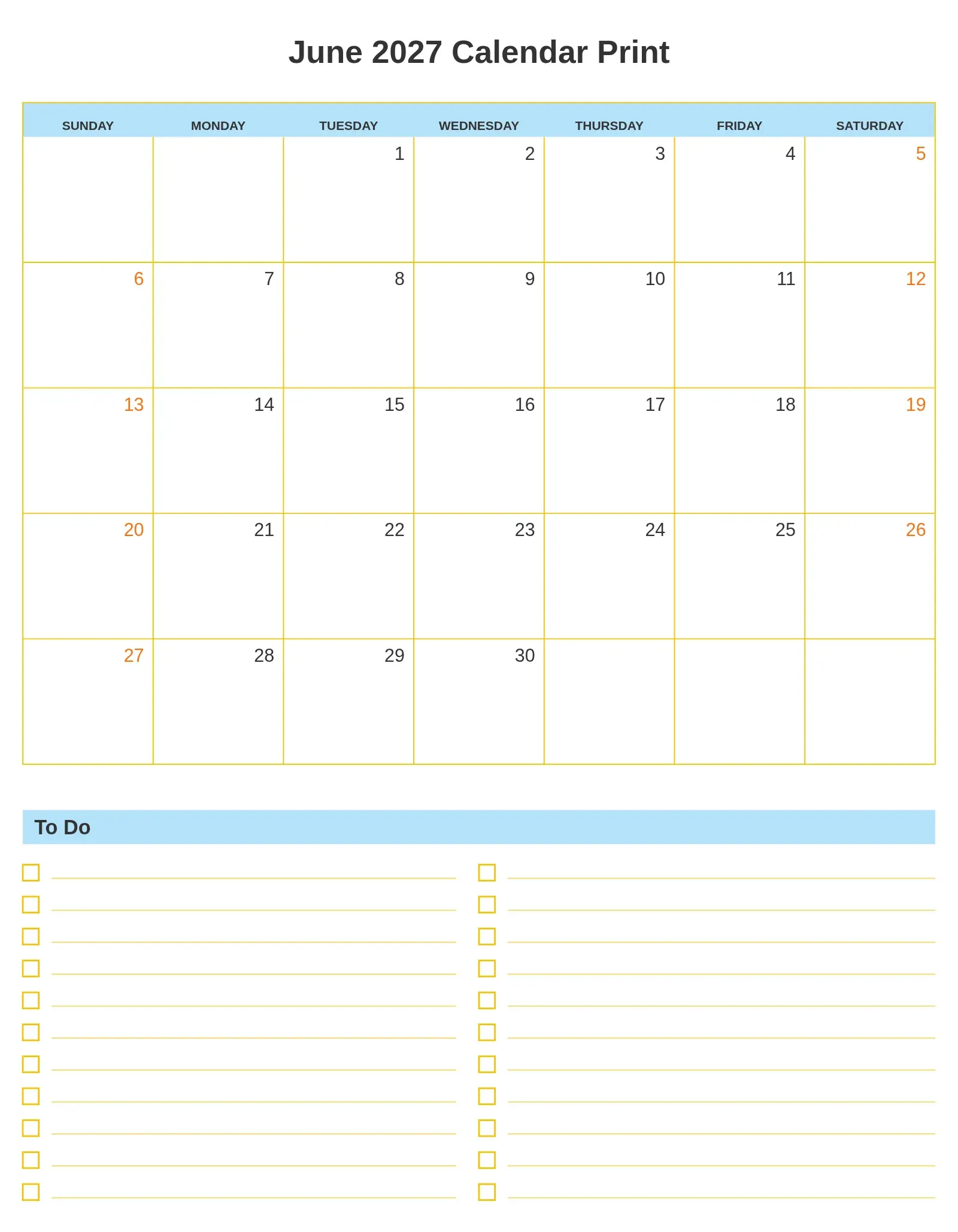 June 2027 Calendar Print With To Do List Bottom Portrait June 2027 Calendar Print With To Do List Bottom Portrait