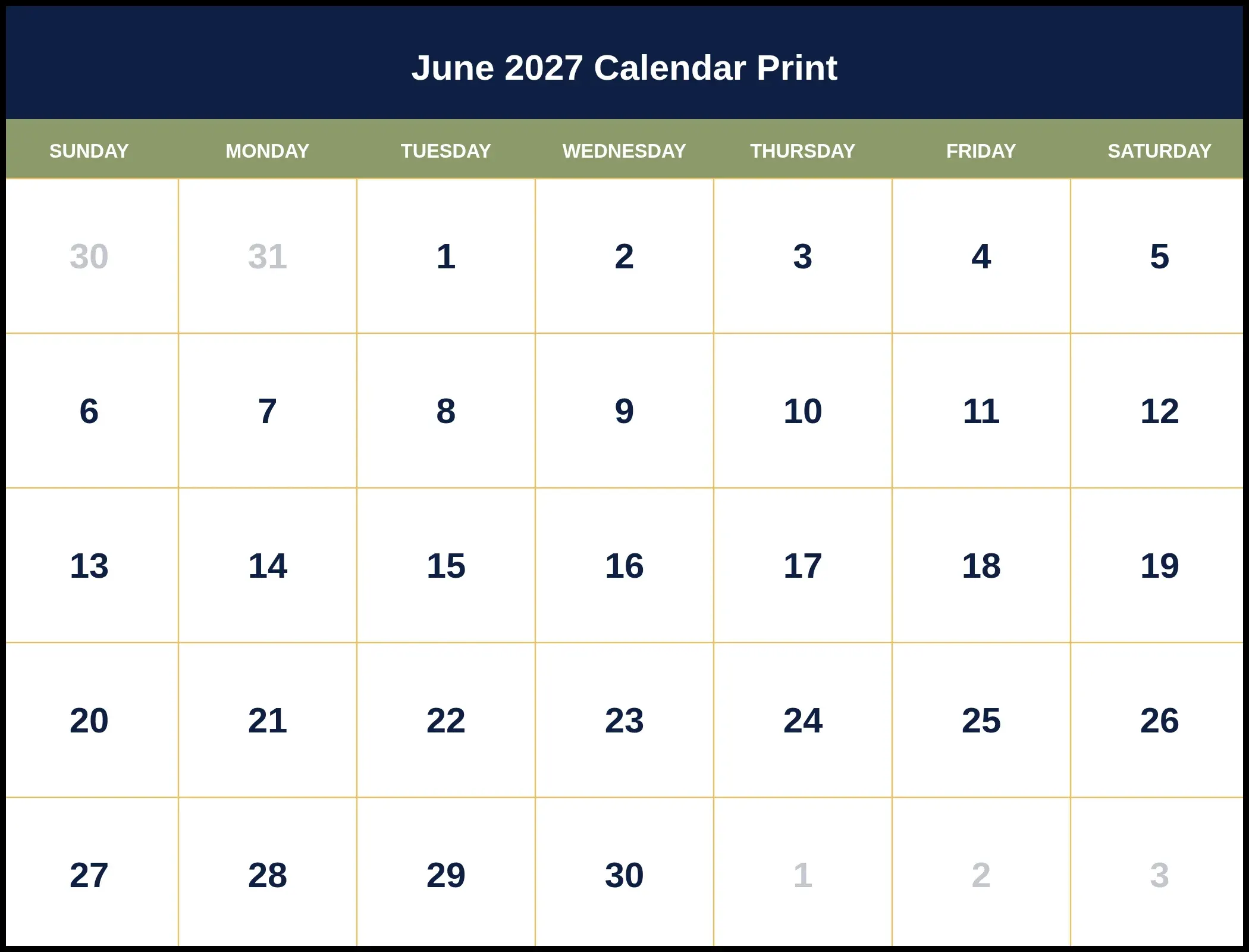June 2027 Calendar Print June 2027 Calendar Print
