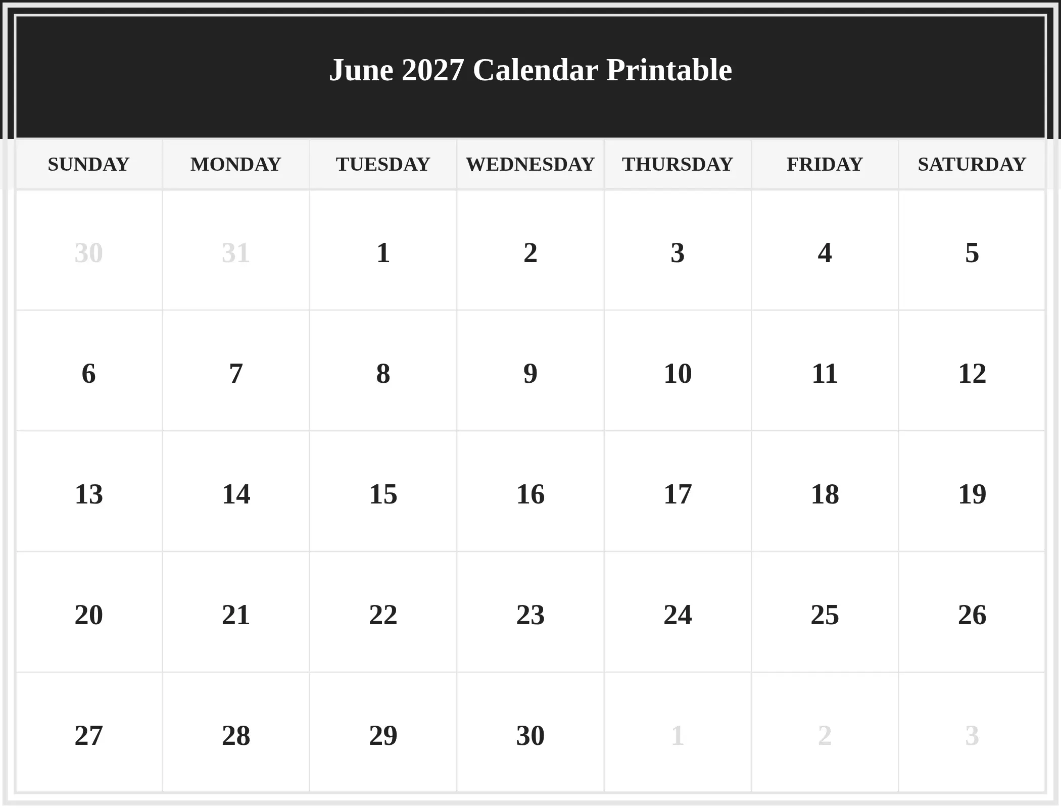 June 2027 Calendar Printable Download Landscape June 2027 Calendar Printable Download Landscape