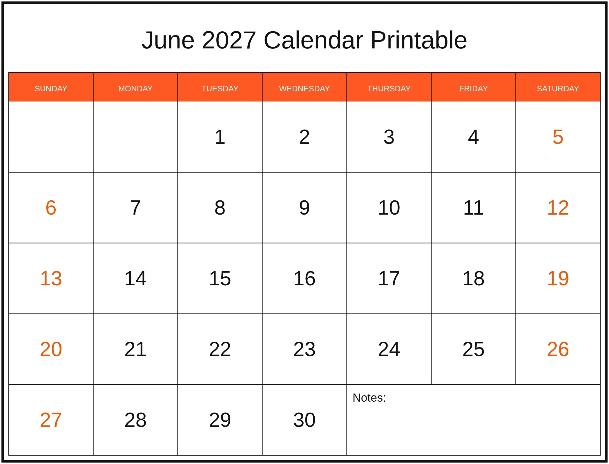 June 2027 Calendar Printable with Notes Bottom Landscape June 2027 Calendar Printable with Notes Bottom Landscape