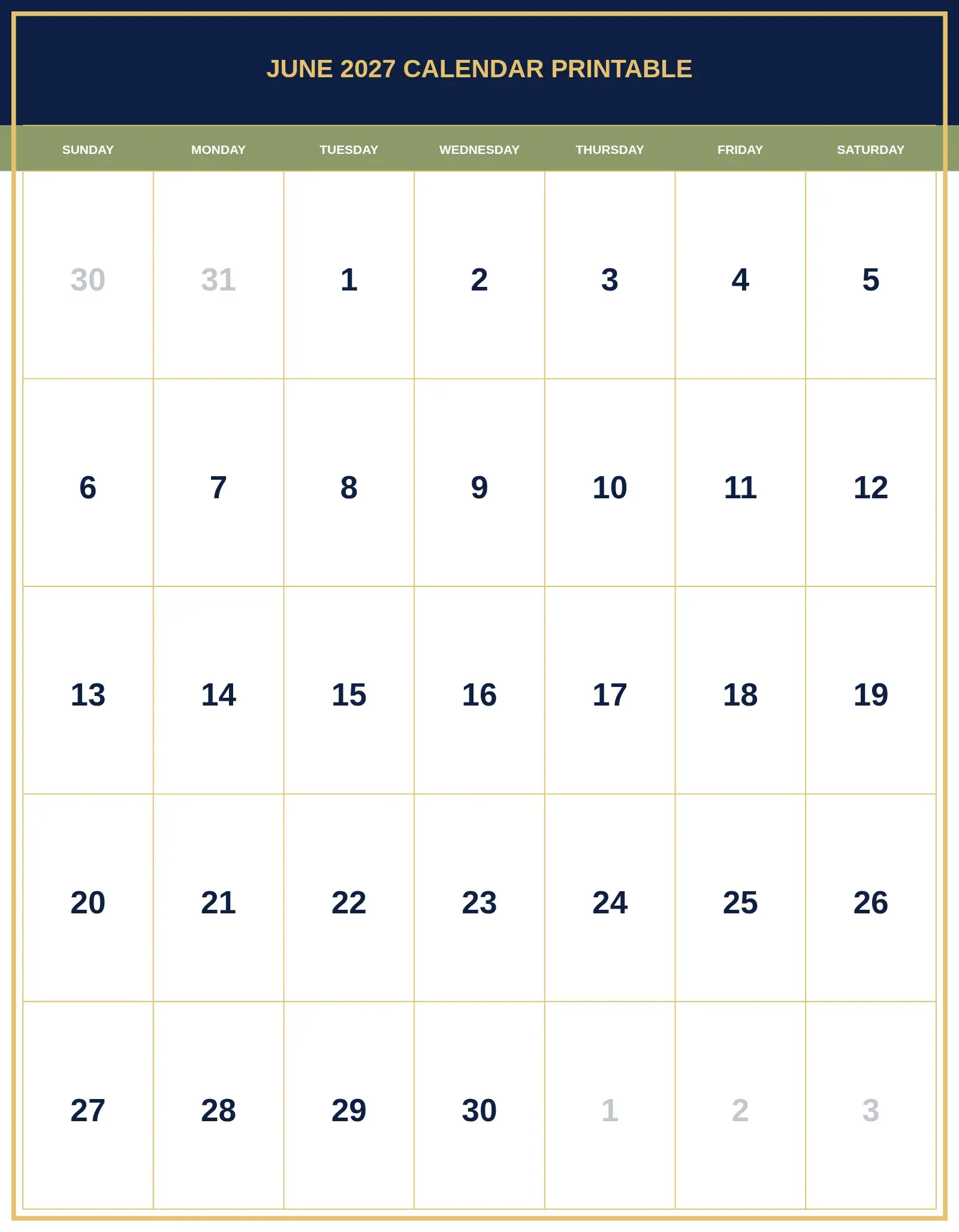 June 2027 Calendar Printable With Portrait Template June 2027 Calendar Printable With Portrait Template