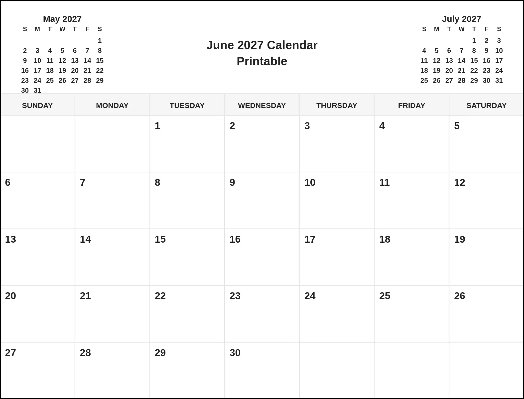 June 2027 Calendar Printable With Three Month View June 2027 Calendar Printable With Three Month View