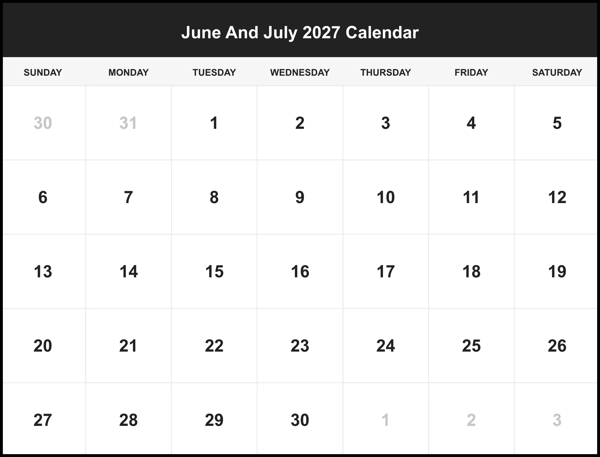 June And July 2027 Calendar June And July 2027 Calendar