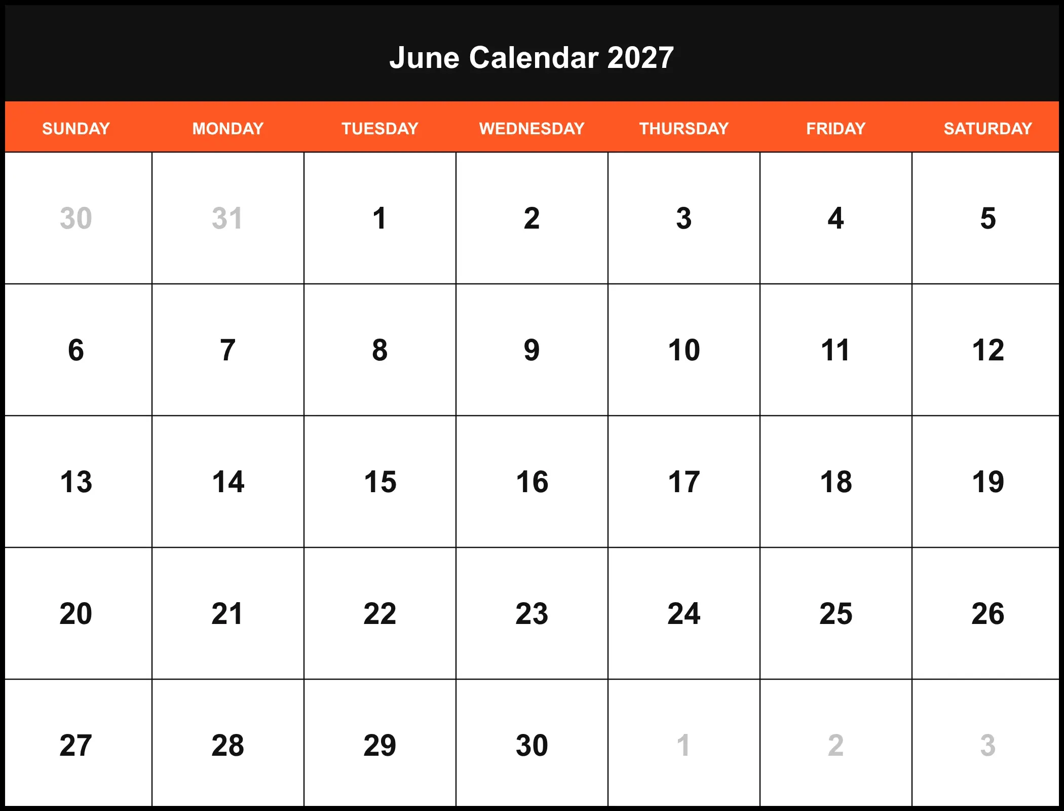 June Calendar 2027