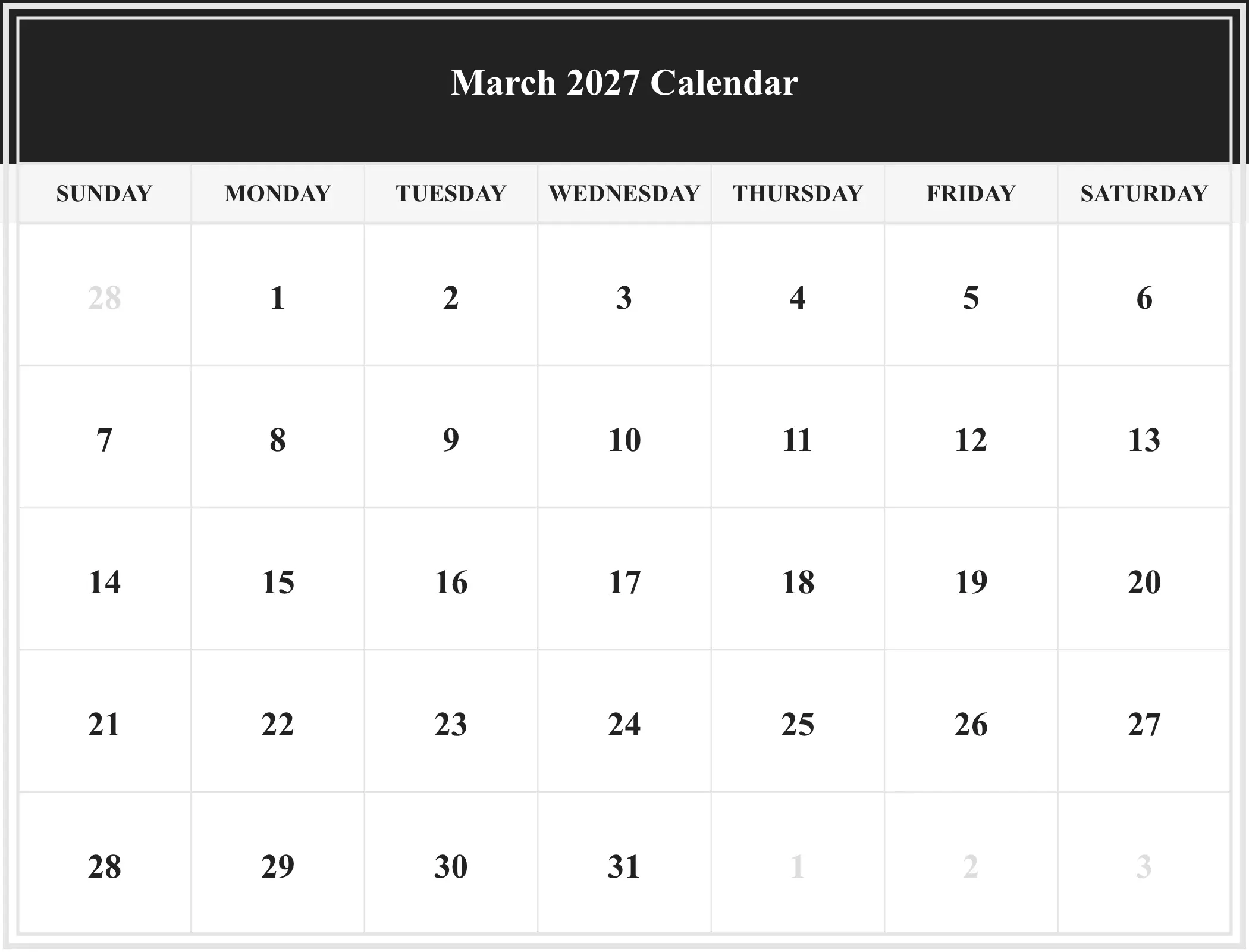March 2027 Calendar Download Landscape