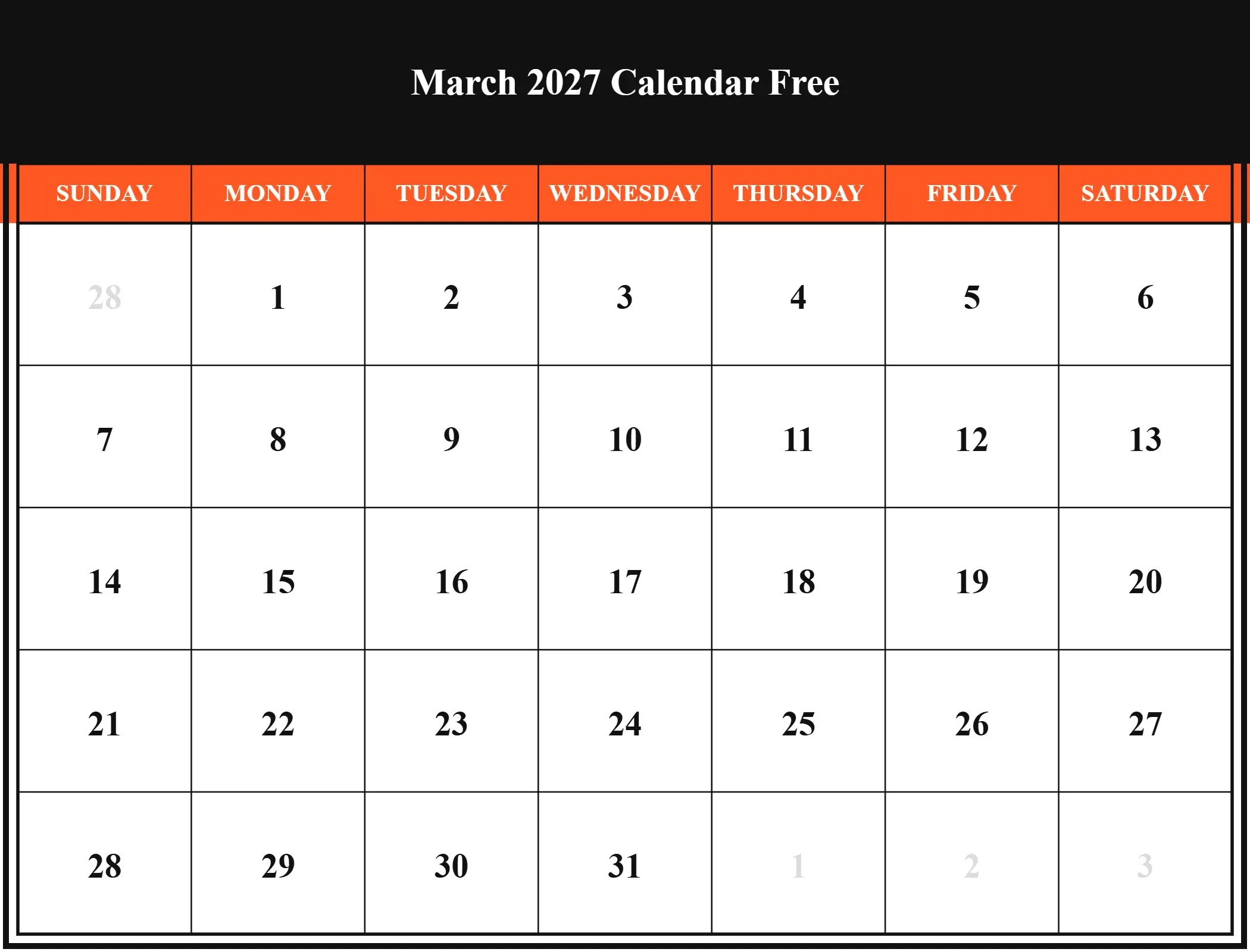 March 2027 Calendar Free Download Landscape March 2027 Calendar Free Download Landscape