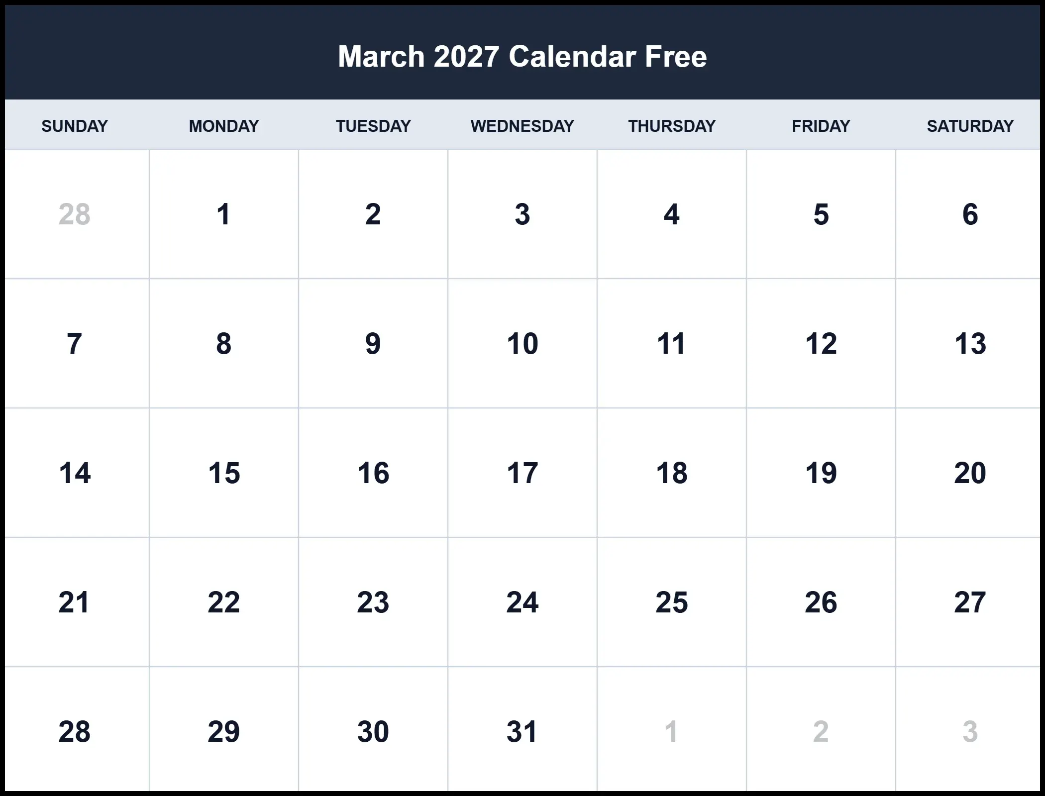 March 2027 Calendar Free Pdf March 2027 Calendar Free Pdf
