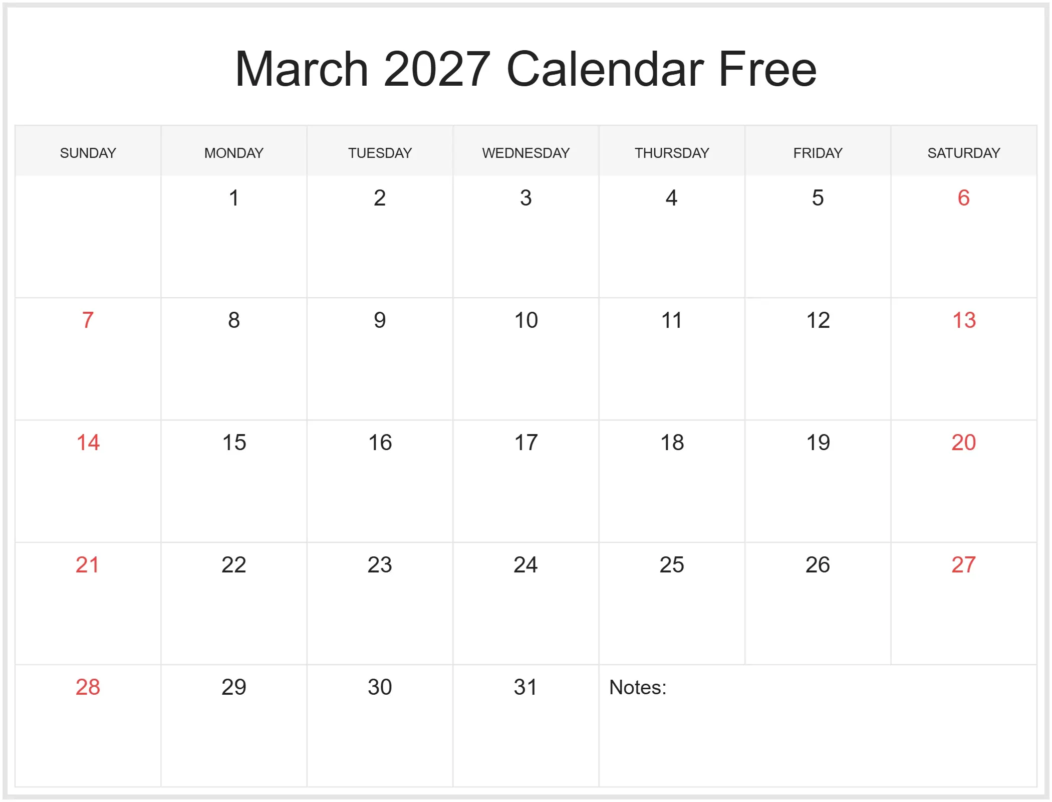 March 2027 Calendar Free with Notes Bottom Landscape March 2027 Calendar Free with Notes Bottom Landscape