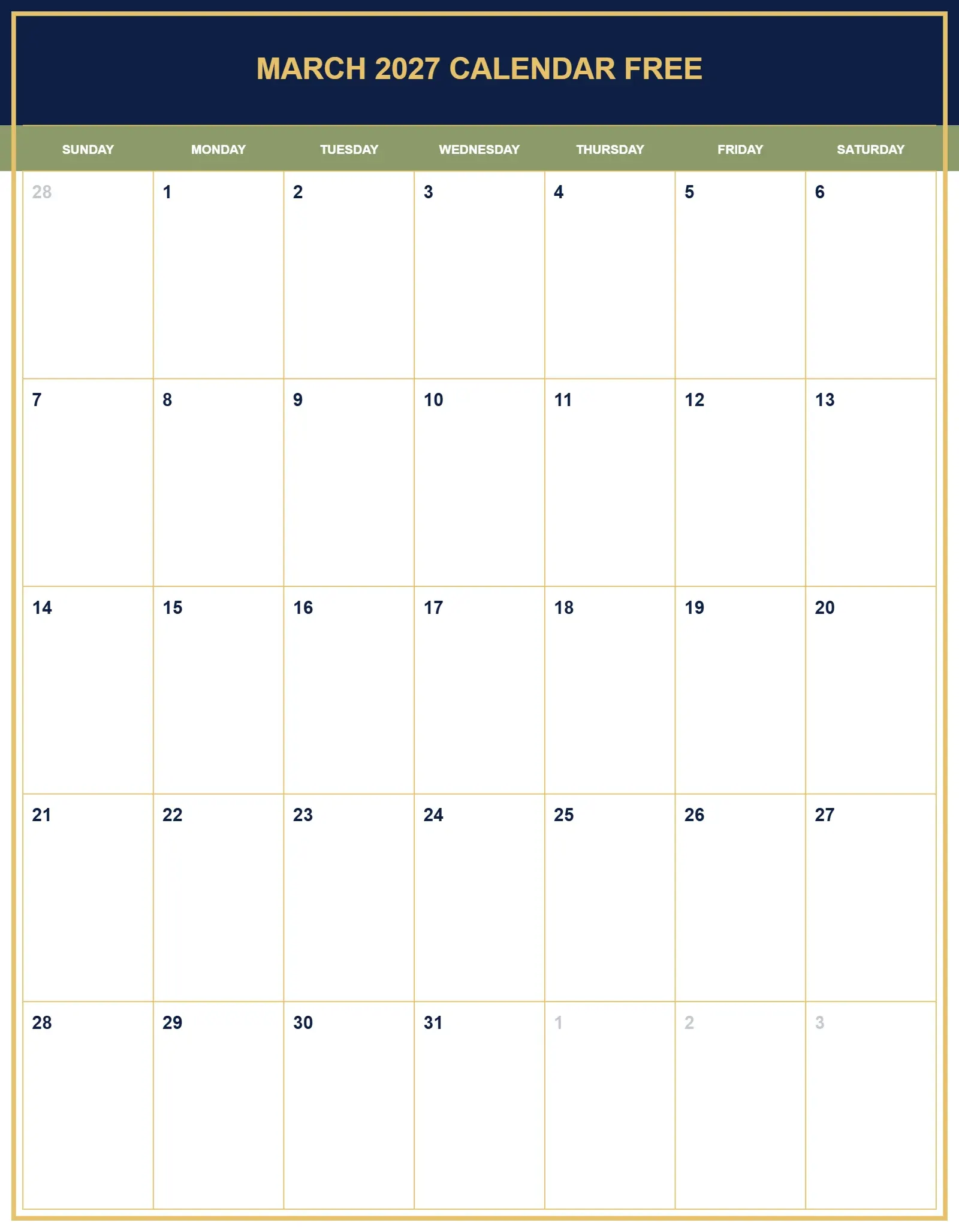 March 2027 Calendar Free With Portrait Template March 2027 Calendar Free With Portrait Template