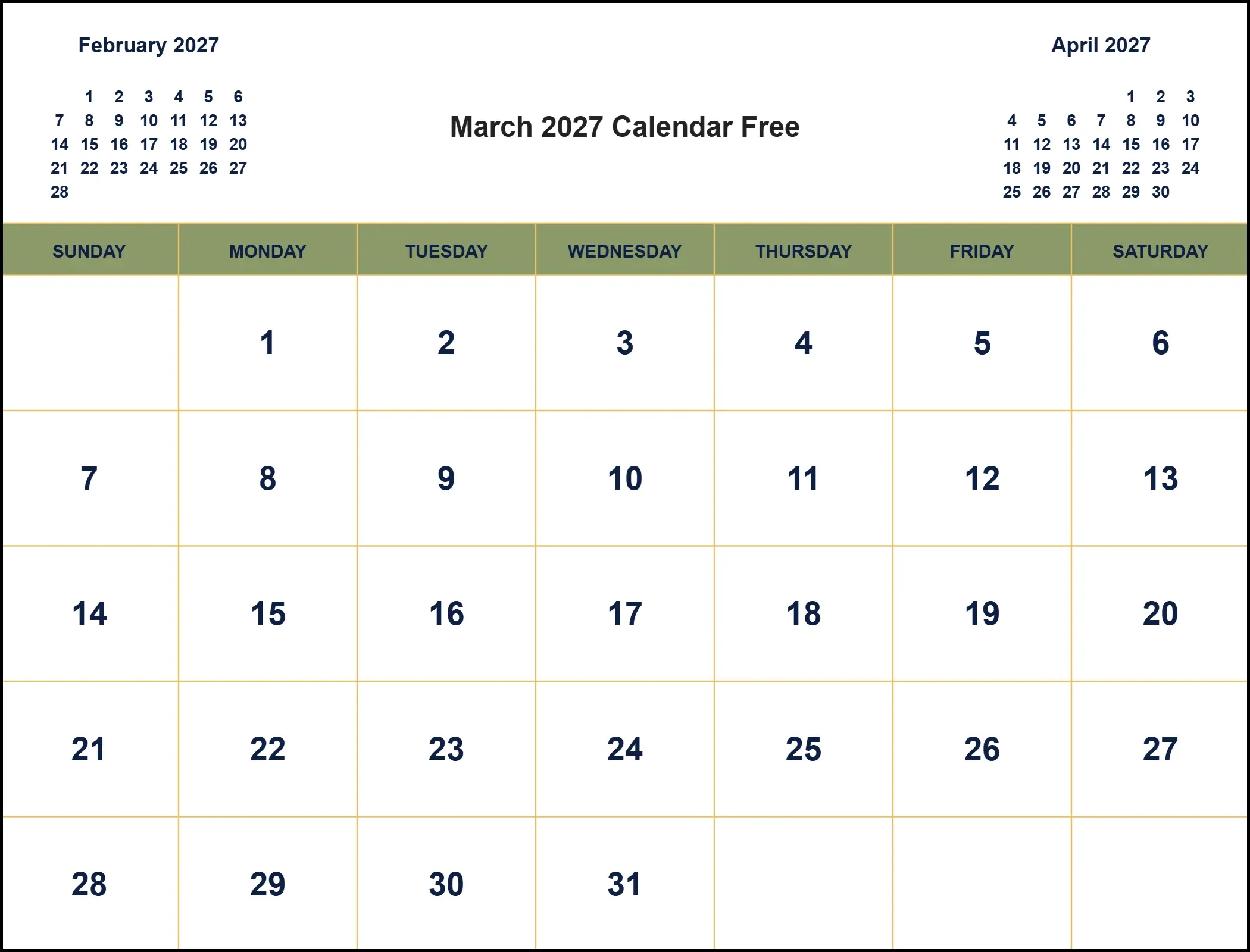 March 2027 Calendar Free With Three Month View March 2027 Calendar Free With Three Month View