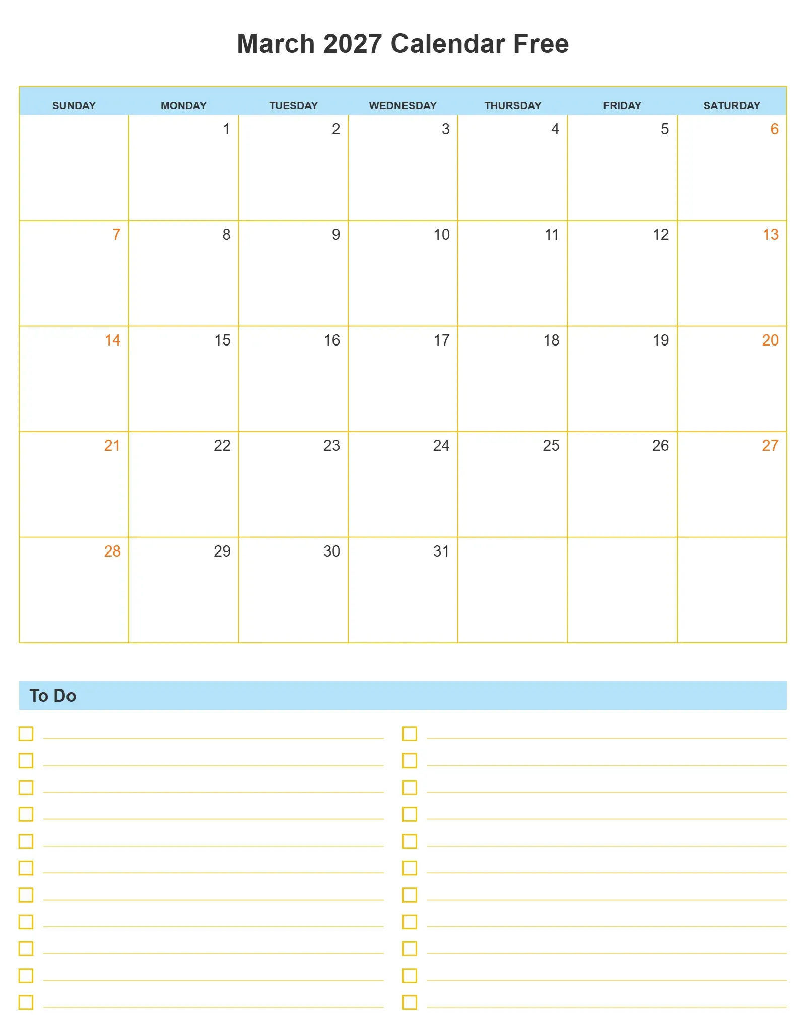 March 2027 Calendar Free With To Do List Bottom Portrait March 2027 Calendar Free With To Do List Bottom Portrait