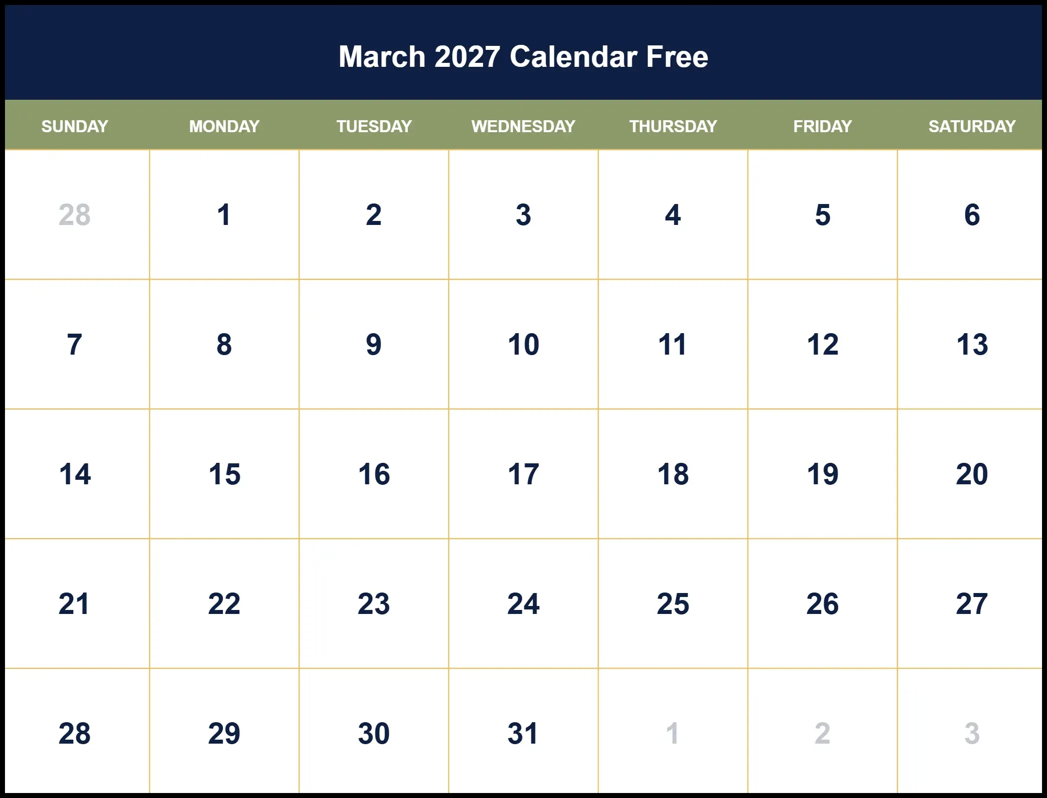 March 2027 Calendar Free March 2027 Calendar Free