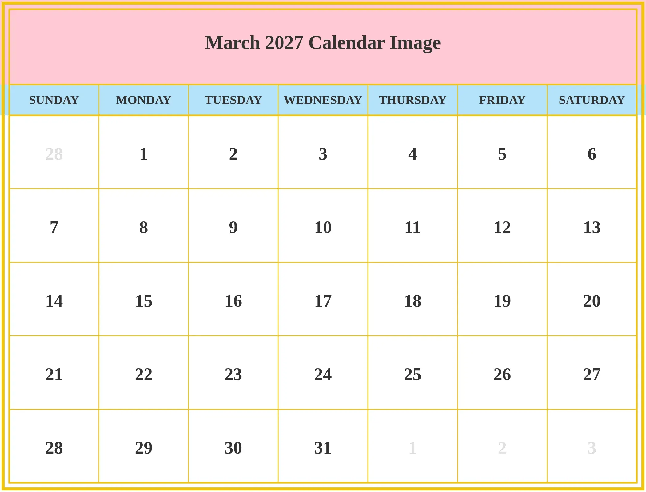 March 2027 Calendar Image Download Landscape March 2027 Calendar Image Download Landscape