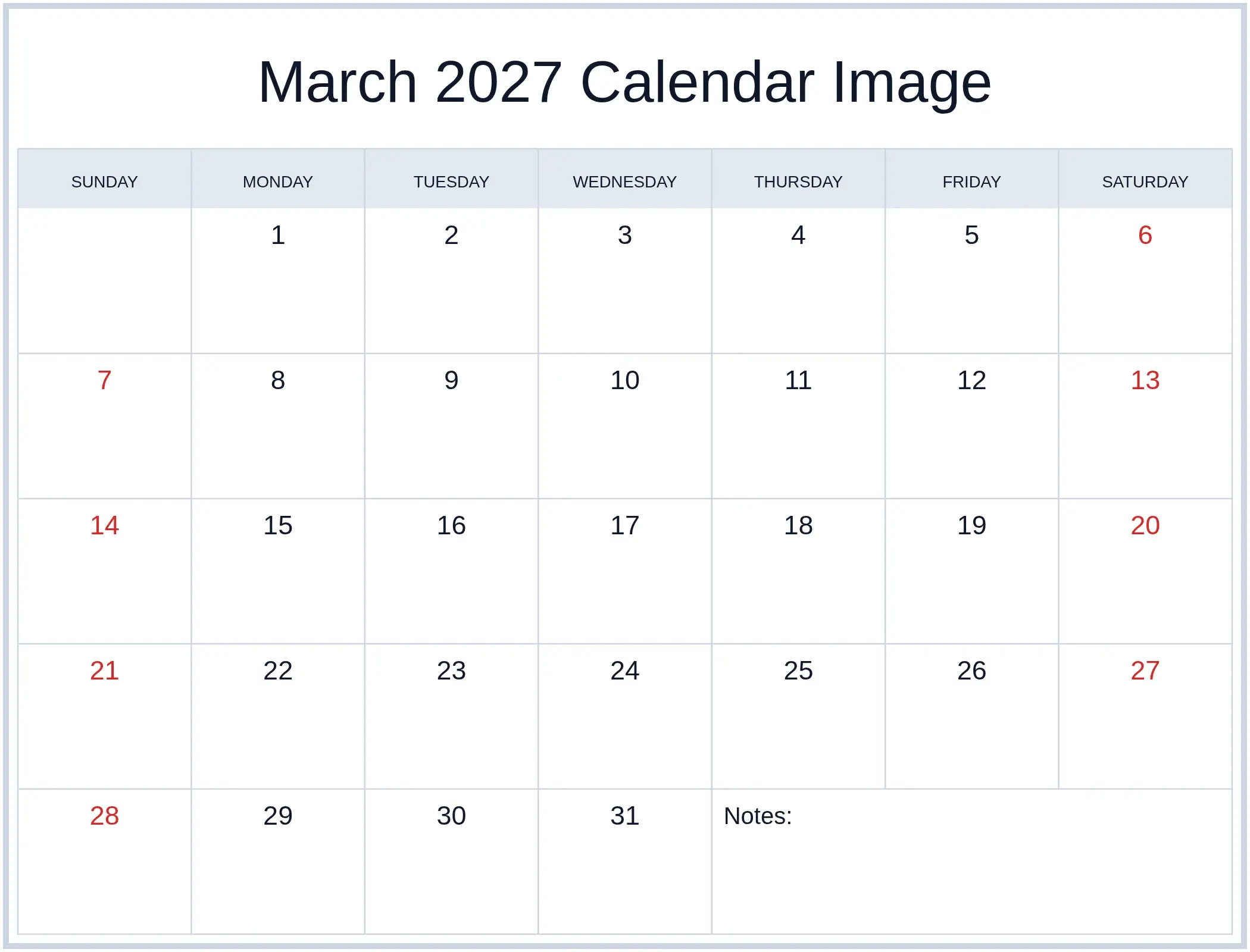 March 2027 Calendar Image with Notes Bottom Landscape March 2027 Calendar Image with Notes Bottom Landscape