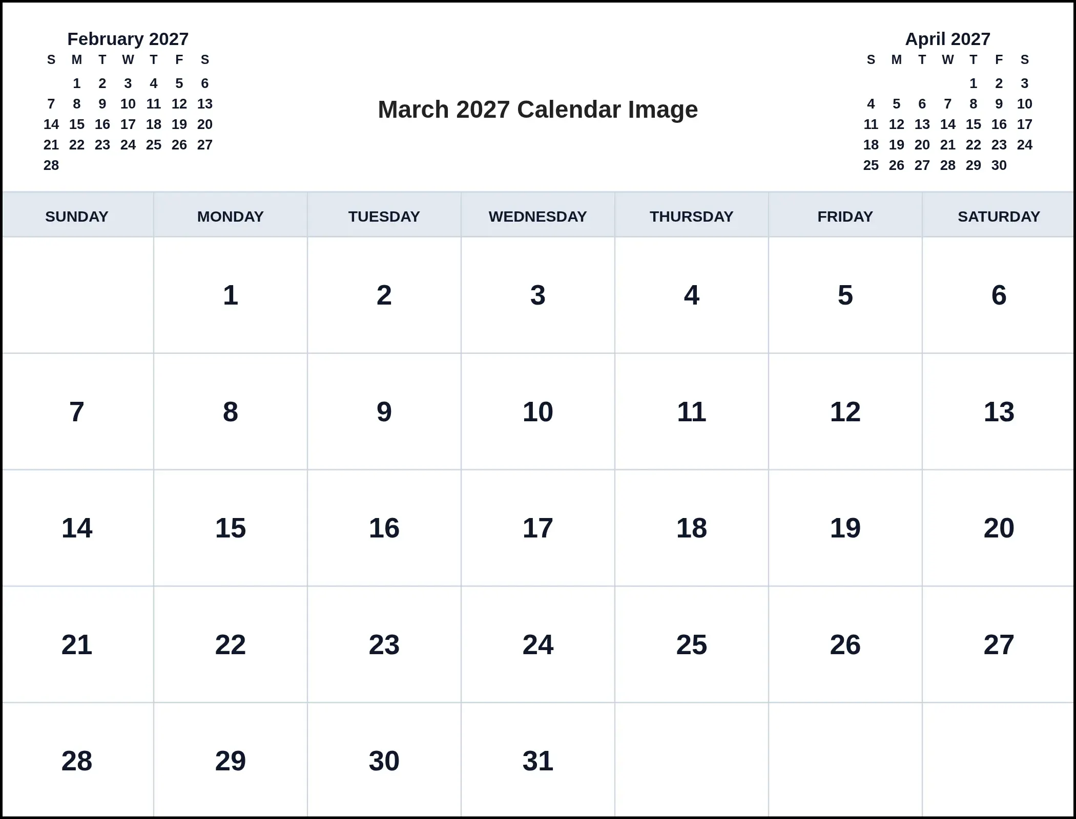 March 2027 Calendar Image With Three Month View March 2027 Calendar Image With Three Month View