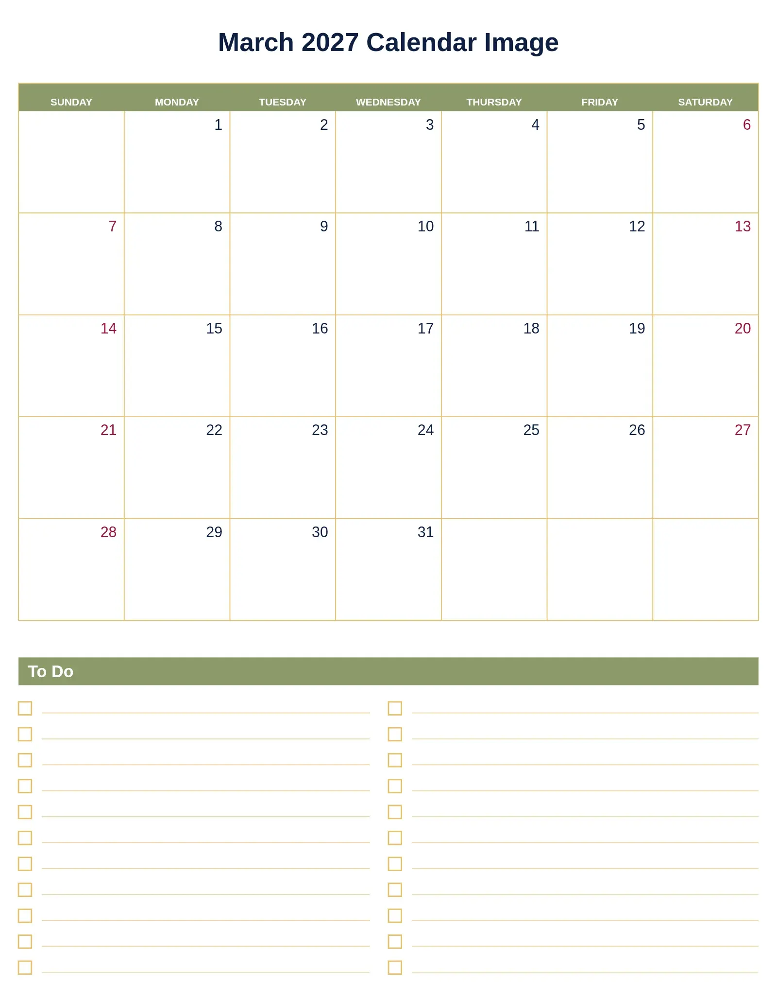 March 2027 Calendar Image With To Do List Bottom Portrait March 2027 Calendar Image With To Do List Bottom Portrait