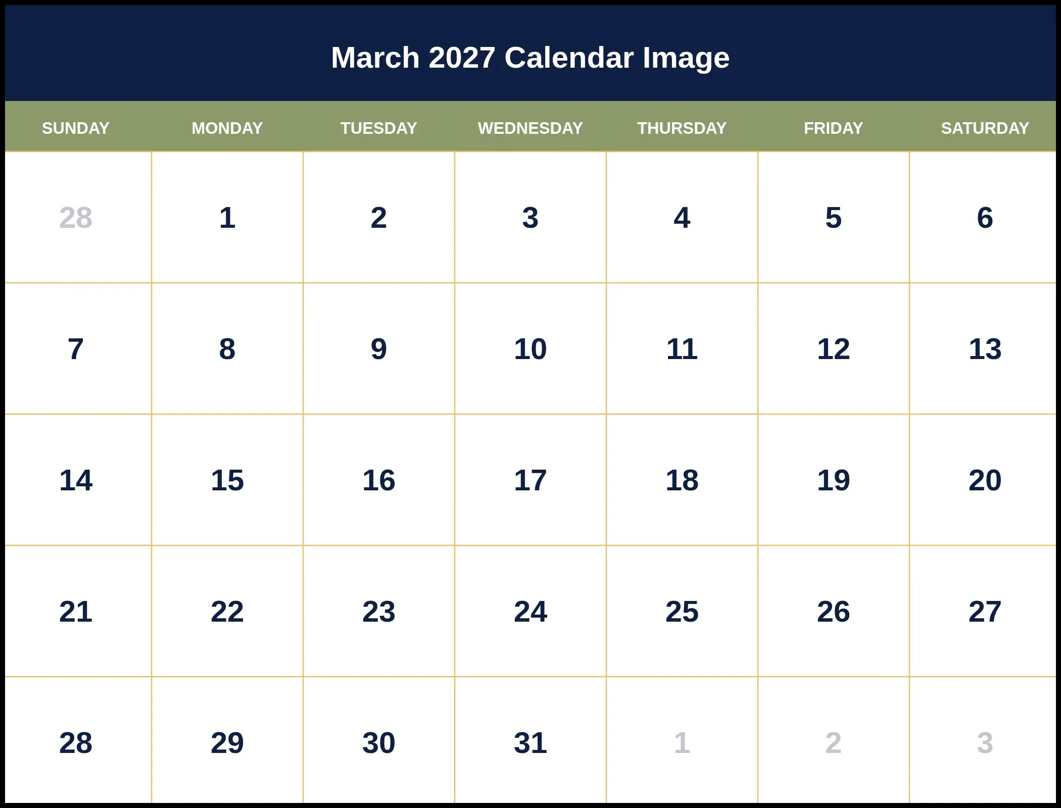 March 2027 Calendar Image March 2027 Calendar Image