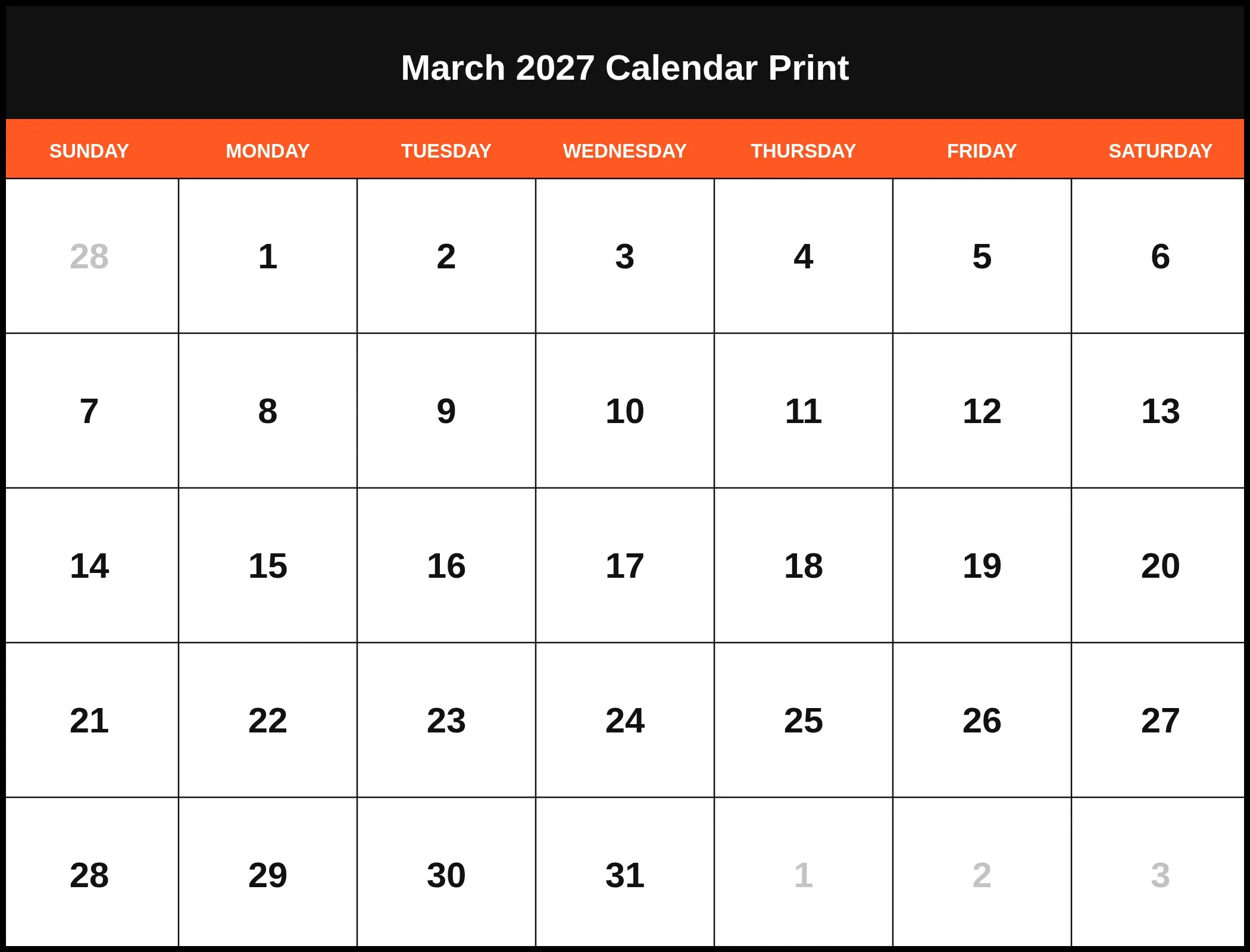 March 2027 Calendar Print Pdf March 2027 Calendar Print Pdf