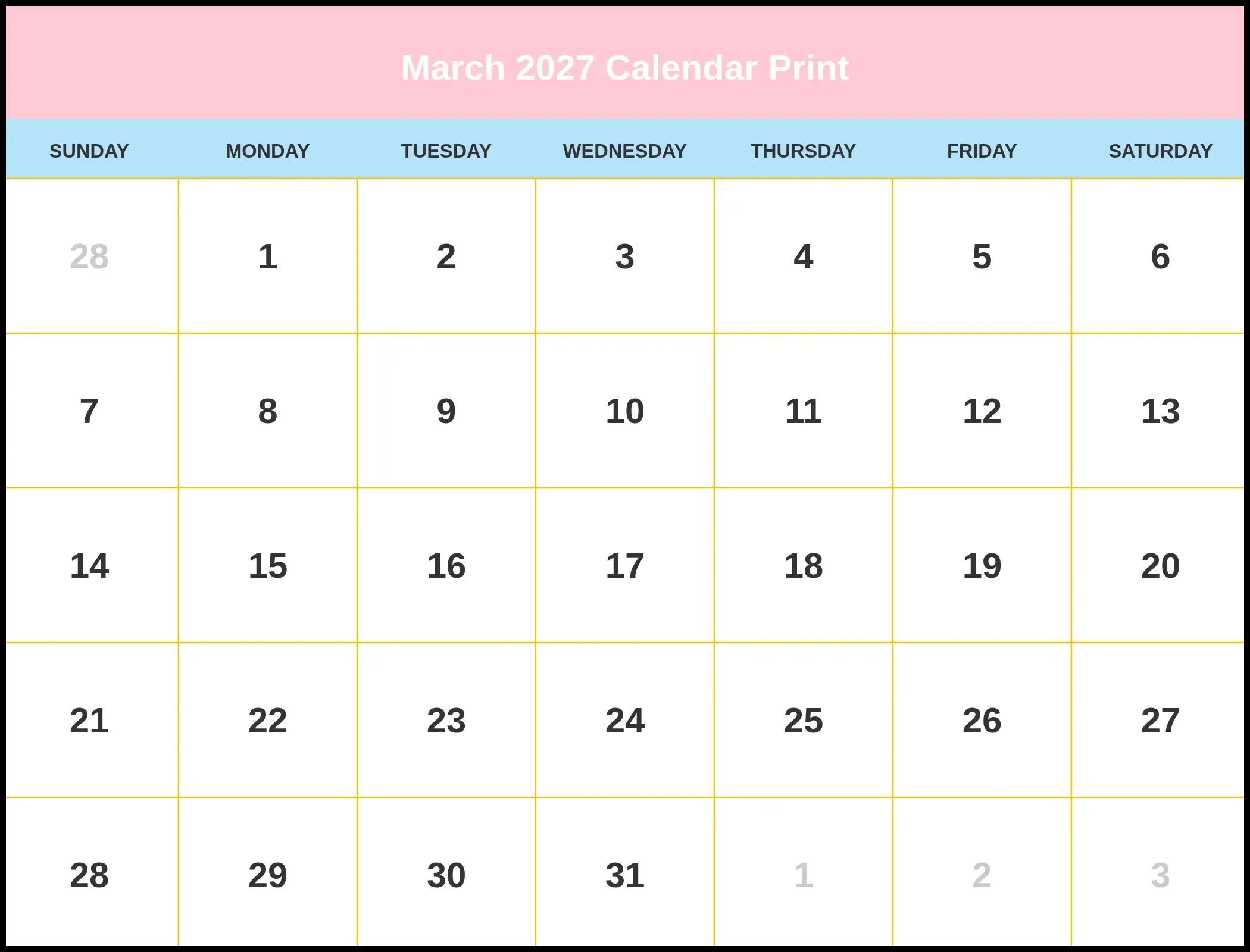 March 2027 Calendar Print March 2027 Calendar Print