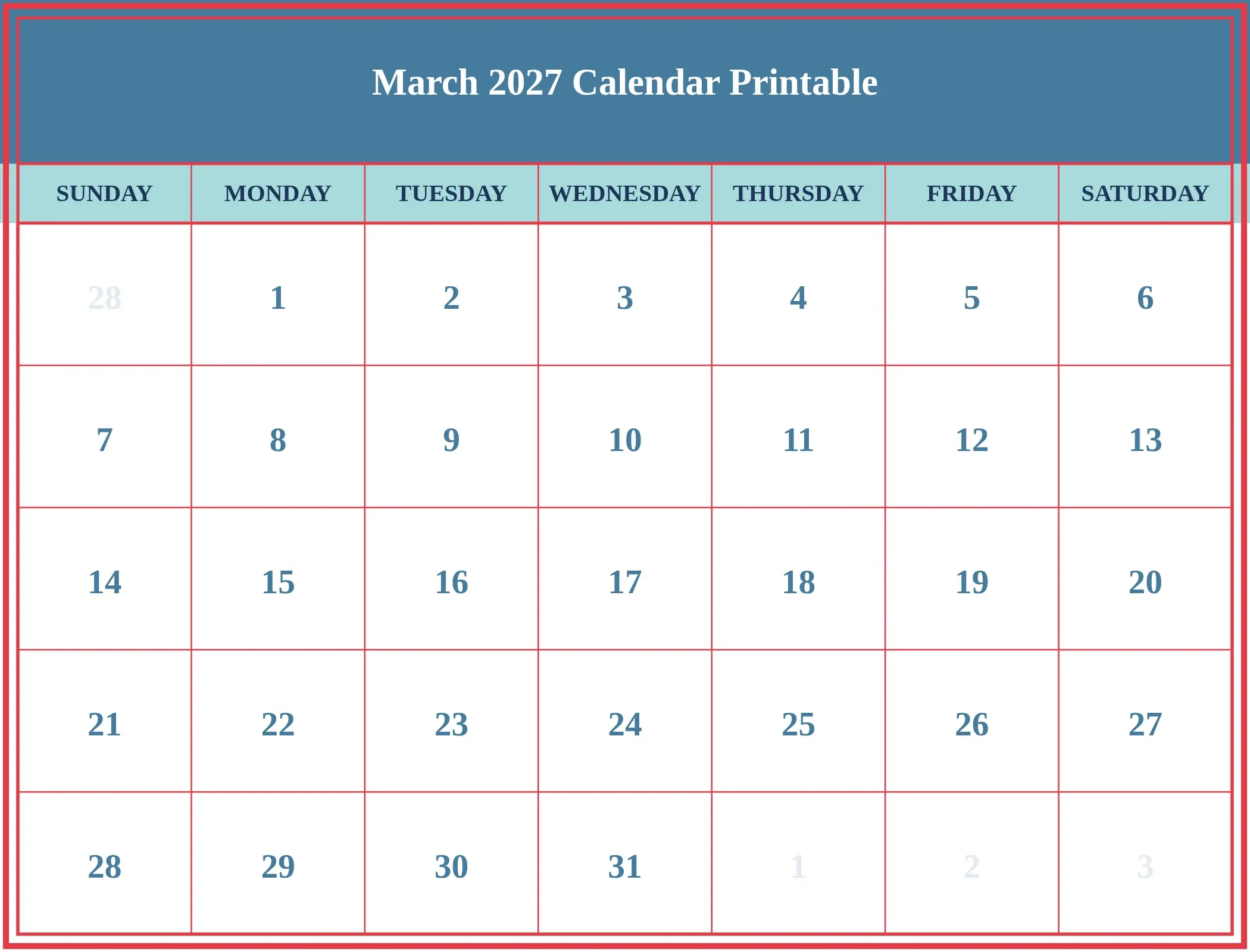 March 2027 Calendar Printable Download Landscape