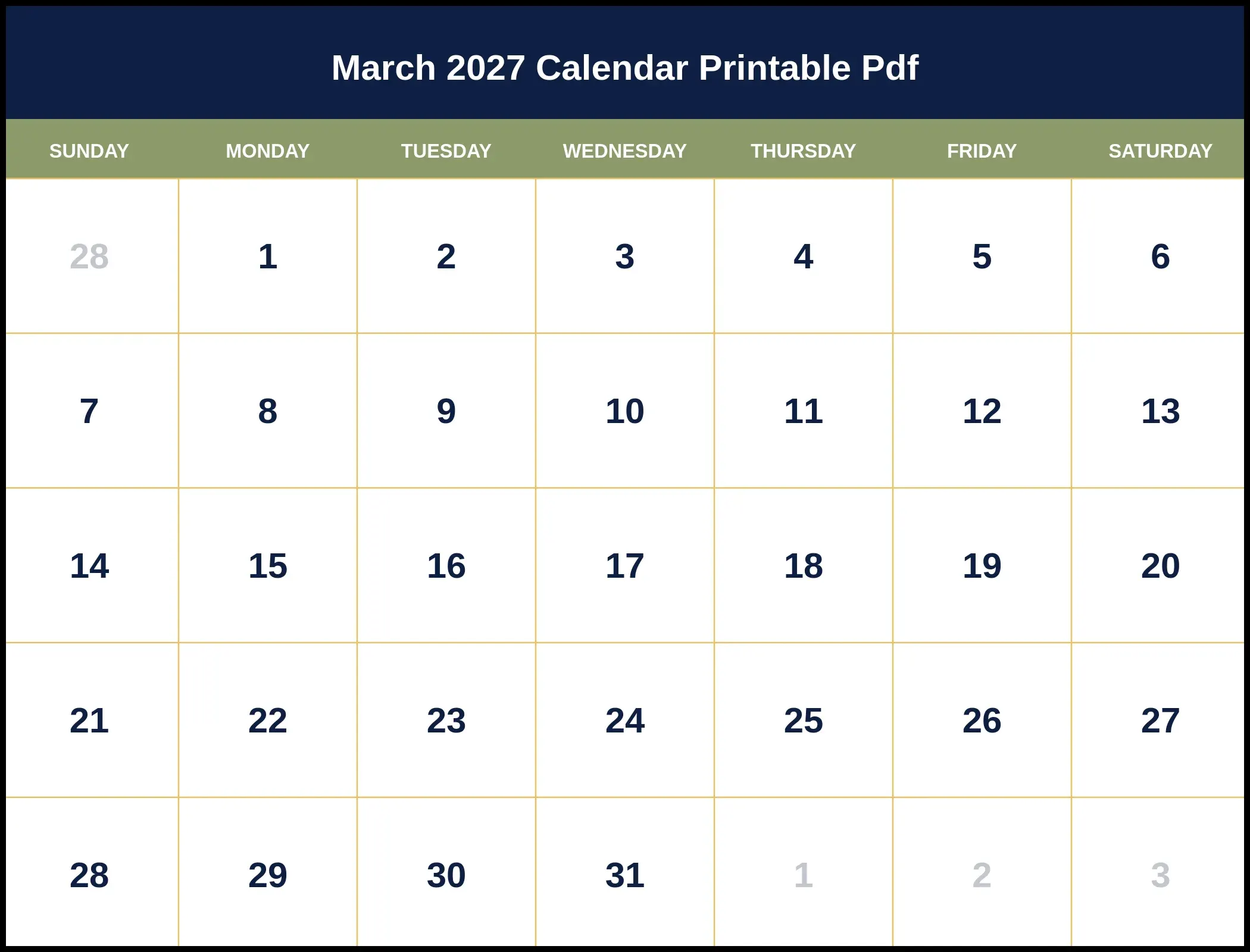 March 2027 Calendar Printable Pdf