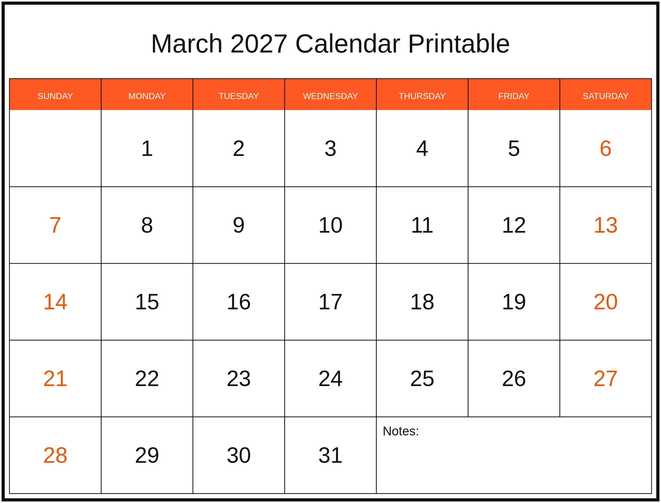 March 2027 Calendar Printable with Notes Bottom Landscape March 2027 Calendar Printable with Notes Bottom Landscape