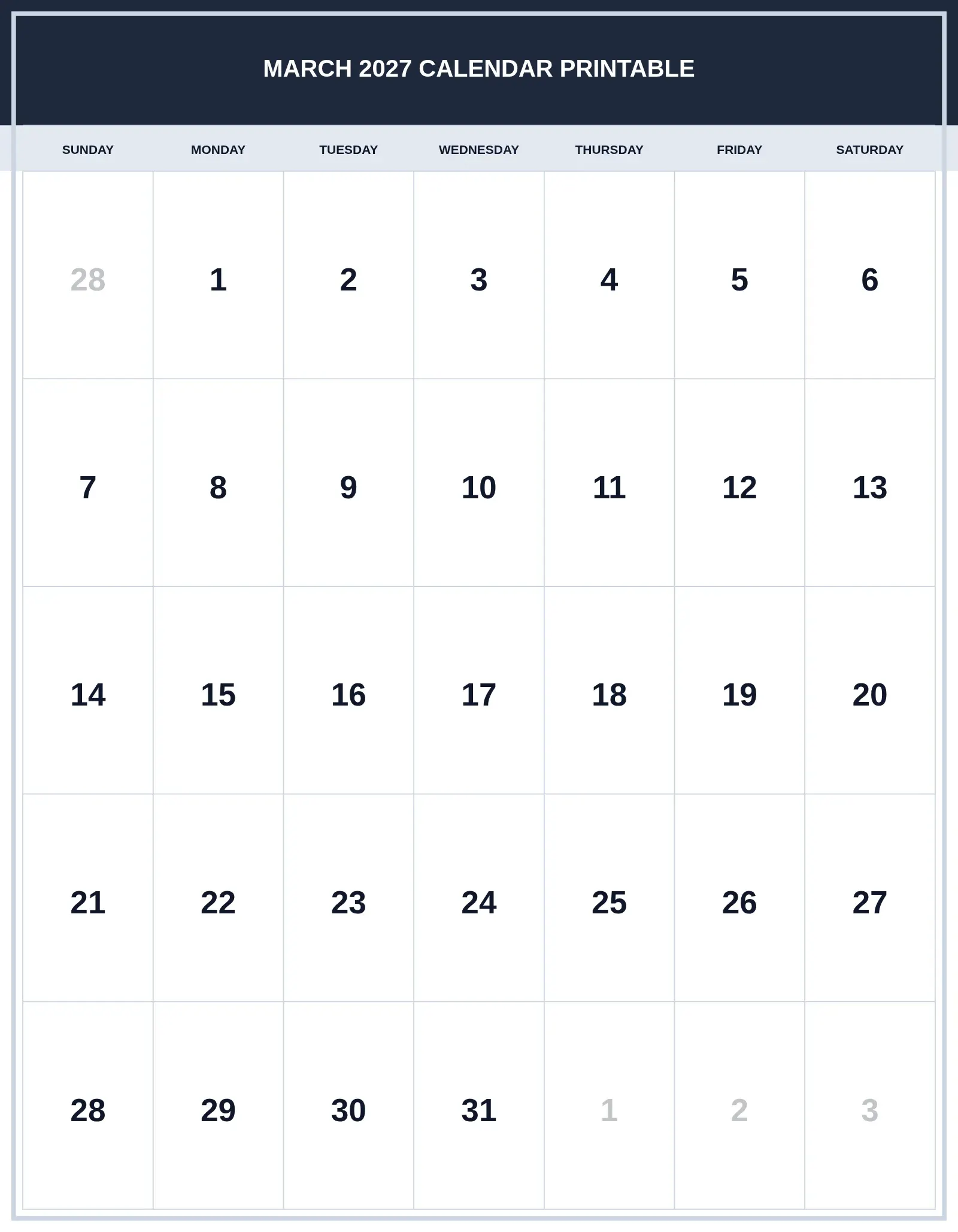 March 2027 Calendar Printable With Portrait Template March 2027 Calendar Printable With Portrait Template