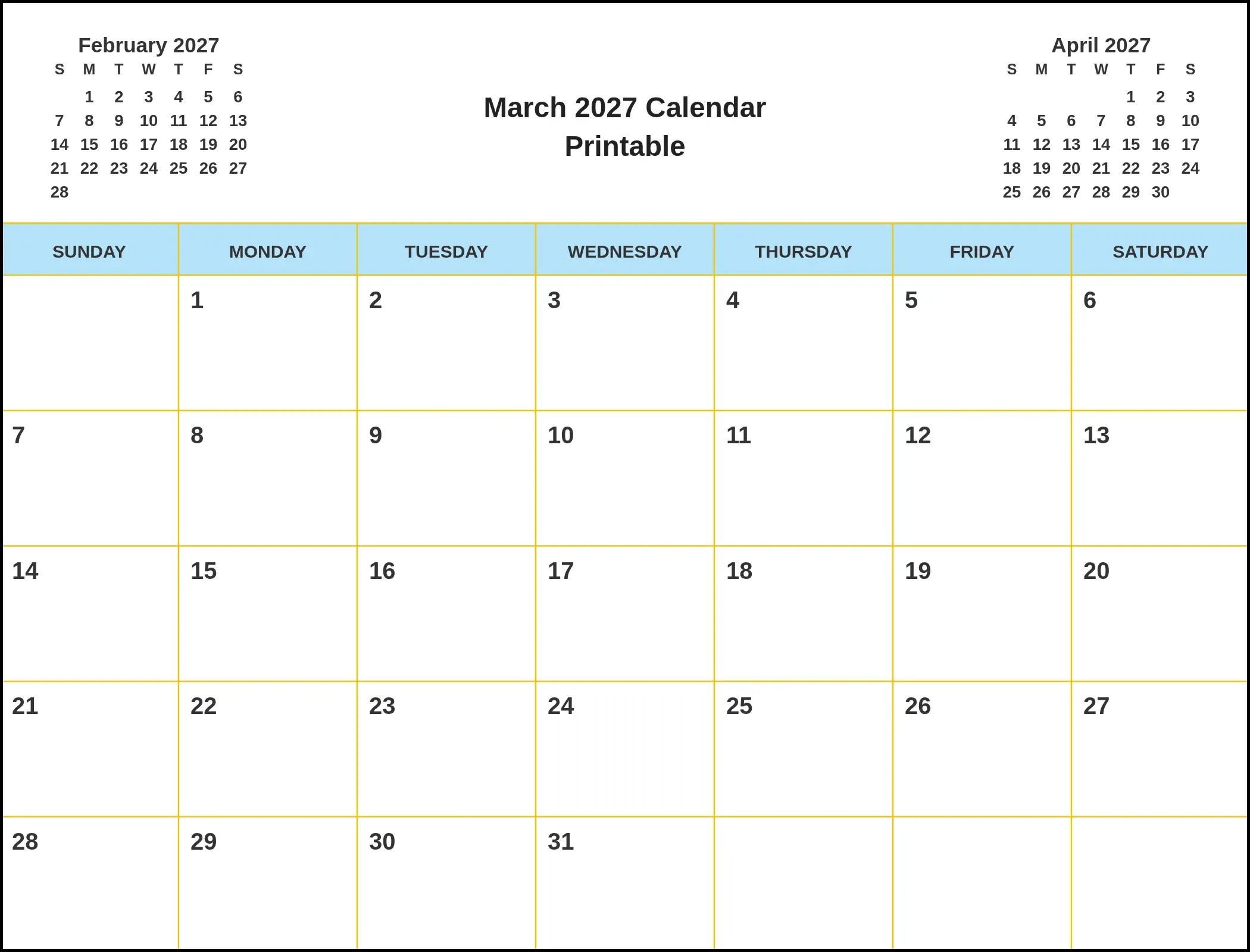 March 2027 Calendar Printable With Three Month View March 2027 Calendar Printable With Three Month View