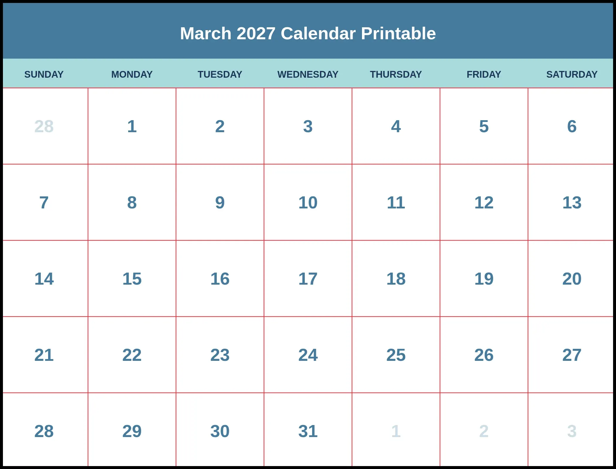 March 2027 Calendar Printable