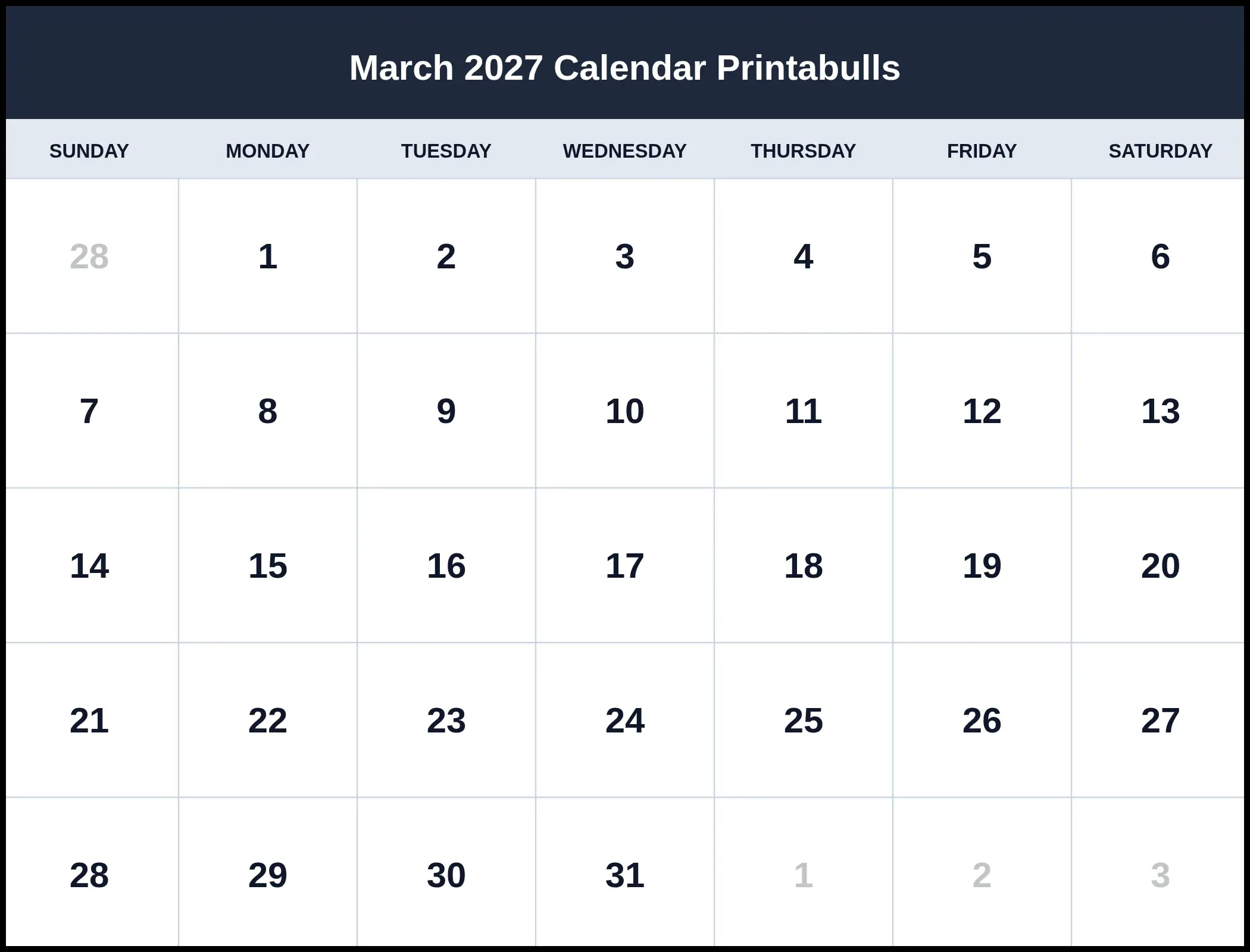March 2027 Calendar Printabulls
