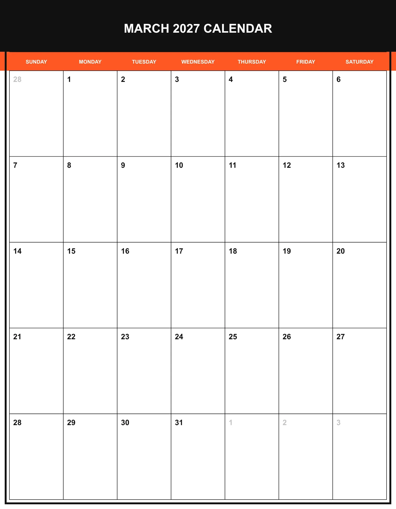 March 2027 Calendar With Portrait Template