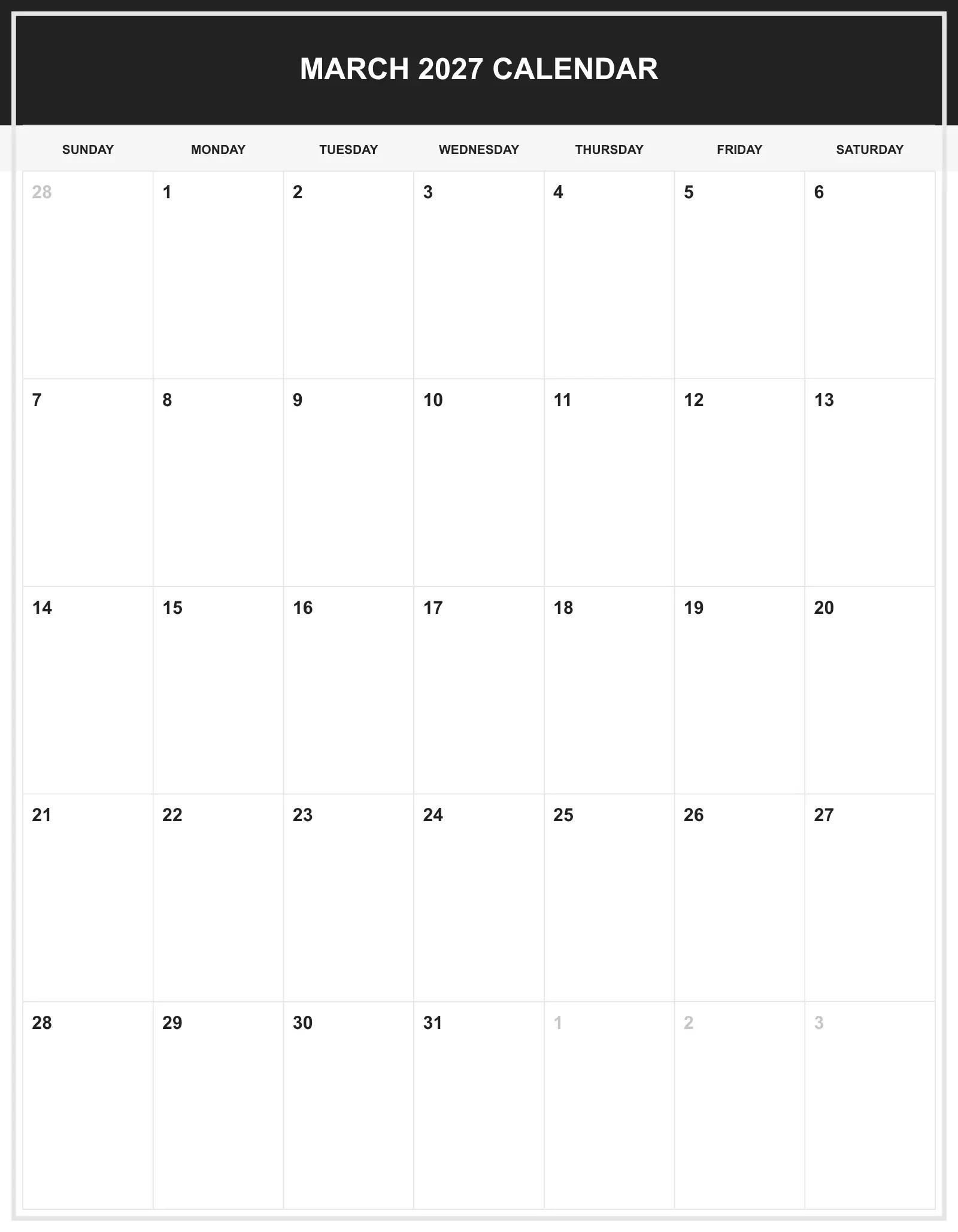 March 2027 Calendar With Portrait Template