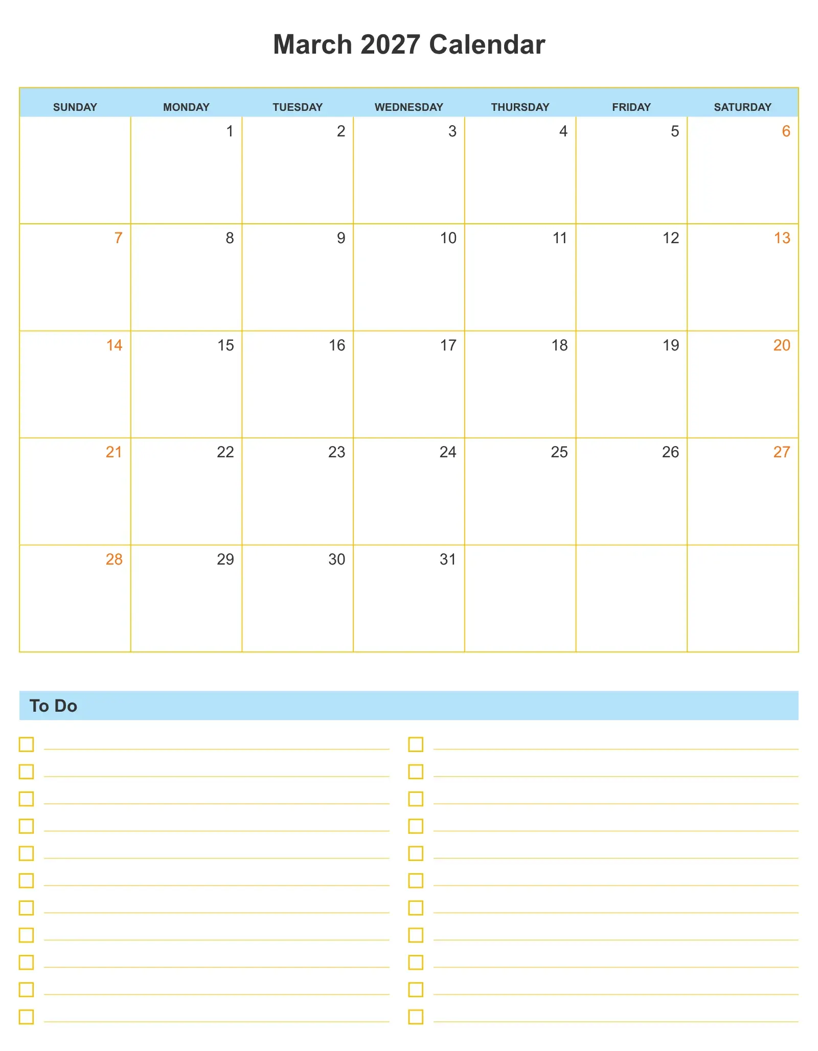 March 2027 Calendar With To Do List Bottom Portrait March 2027 Calendar With To Do List Bottom Portrait