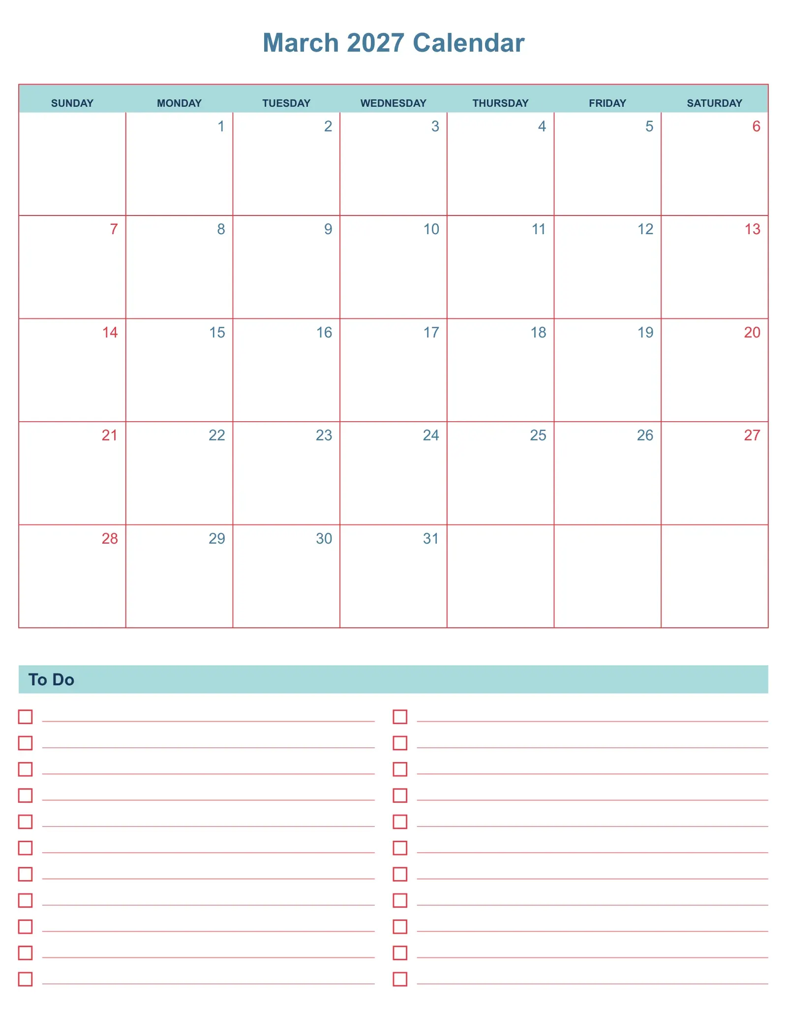 March 2027 Calendar With To Do List Bottom Portrait