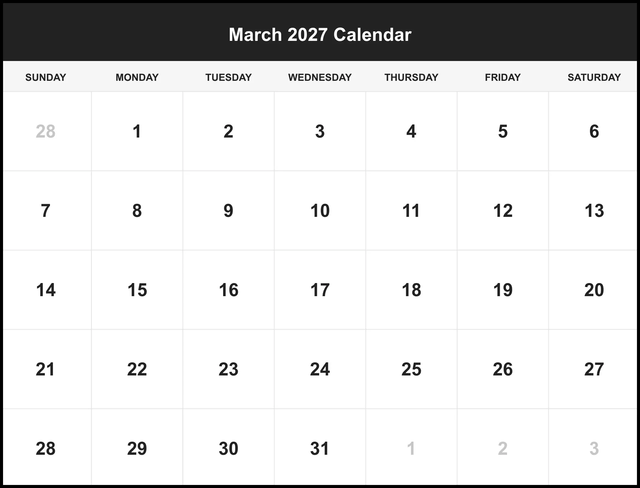 March 2027 Calendar