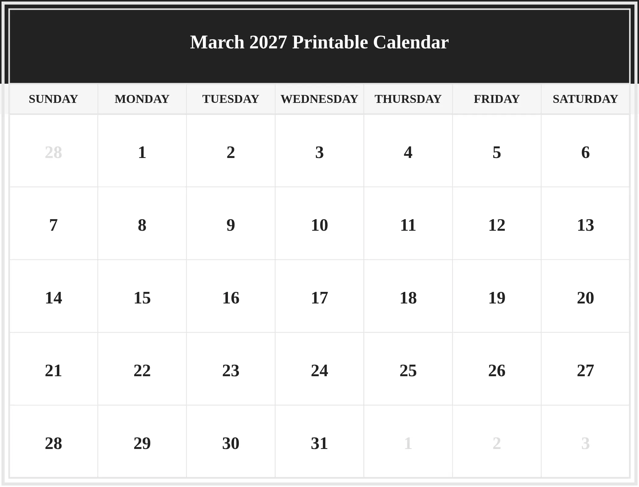 March 2027 Printable Calendar Download Landscape March 2027 Printable Calendar Download Landscape