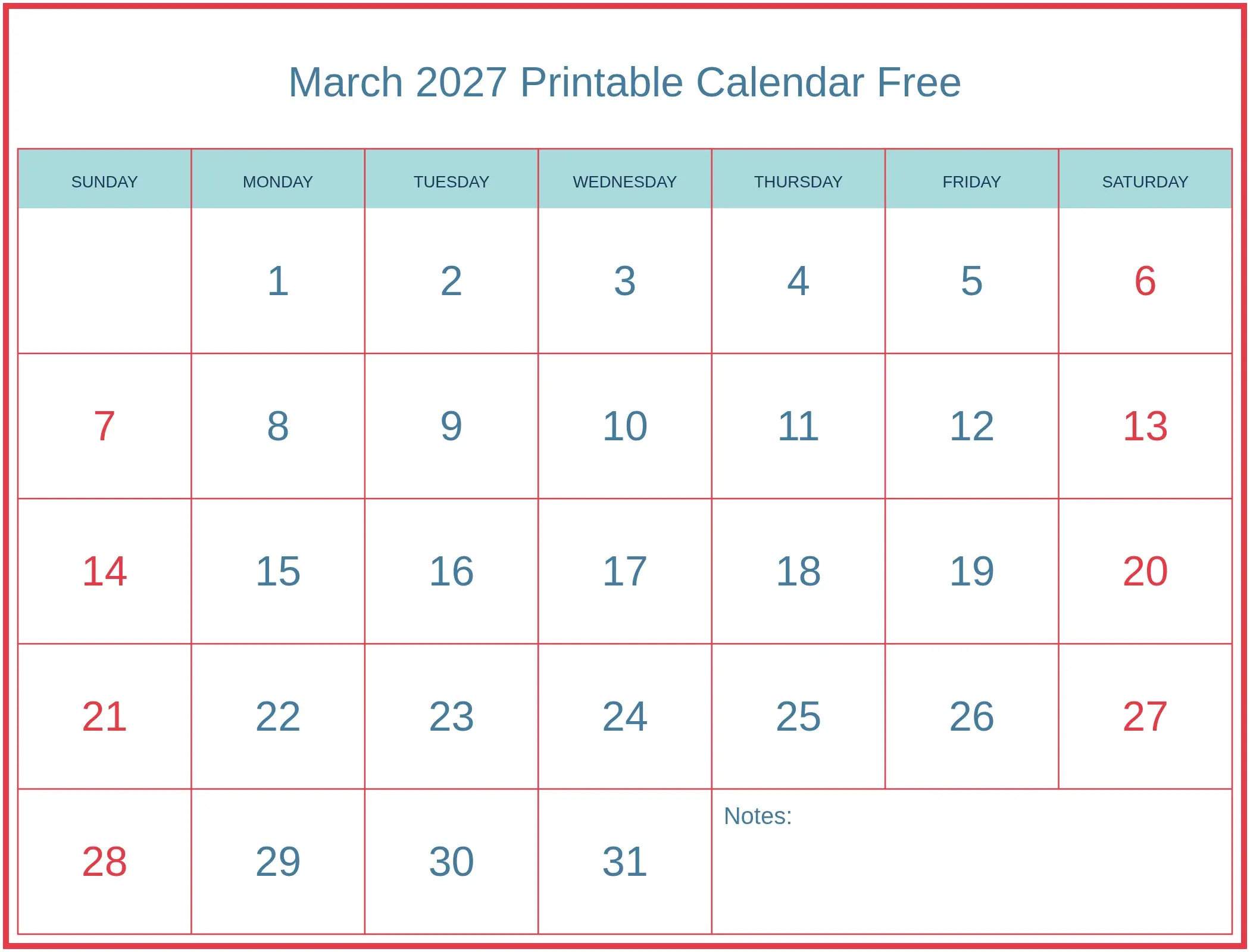 March 2027 Printable Calendar Free with Notes Bottom Landscape March 2027 Printable Calendar Free with Notes Bottom Landscape