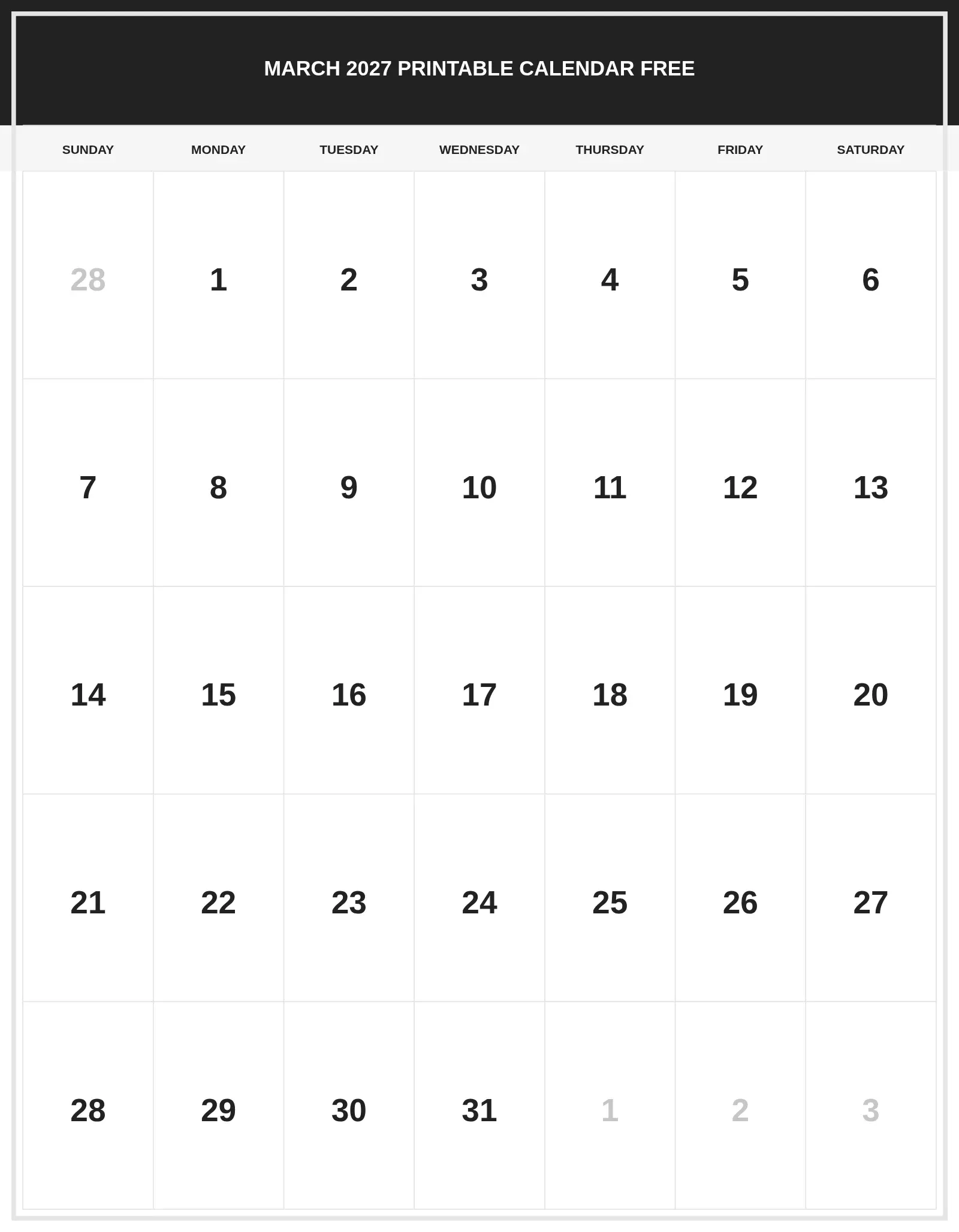 March 2027 Printable Calendar Free With Portrait Template March 2027 Printable Calendar Free With Portrait Template