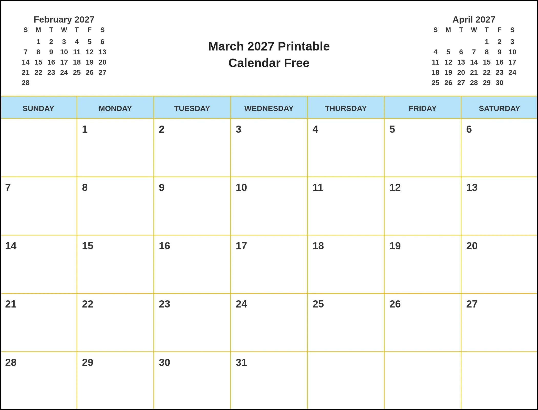 March 2027 Printable Calendar Free With Three Month View March 2027 Printable Calendar Free With Three Month View