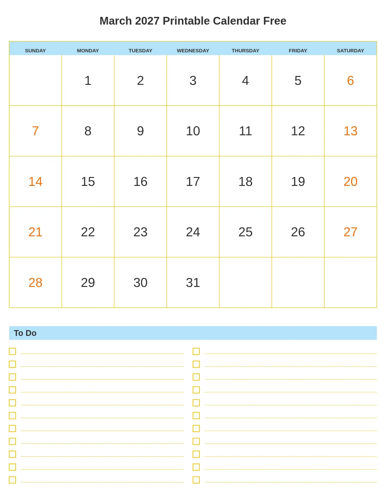 March 2027 Printable Calendar Free With To Do List Bottom Portrait