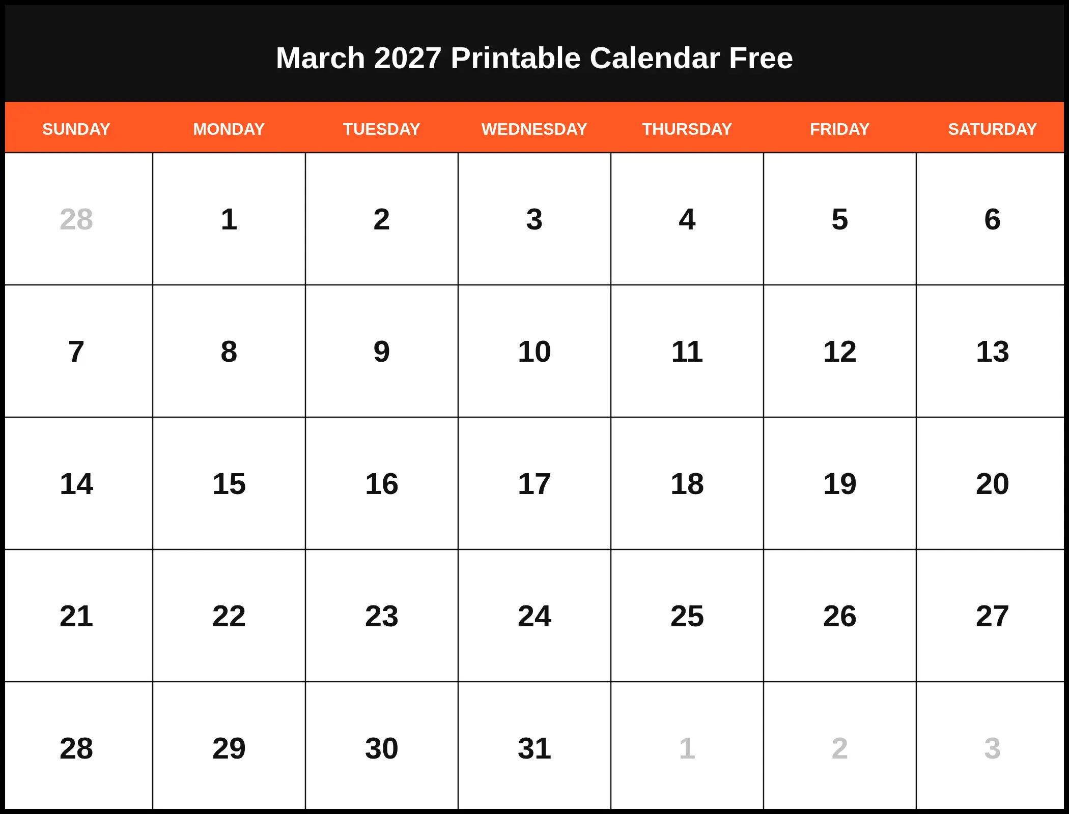 March 2027 Printable Calendar Free