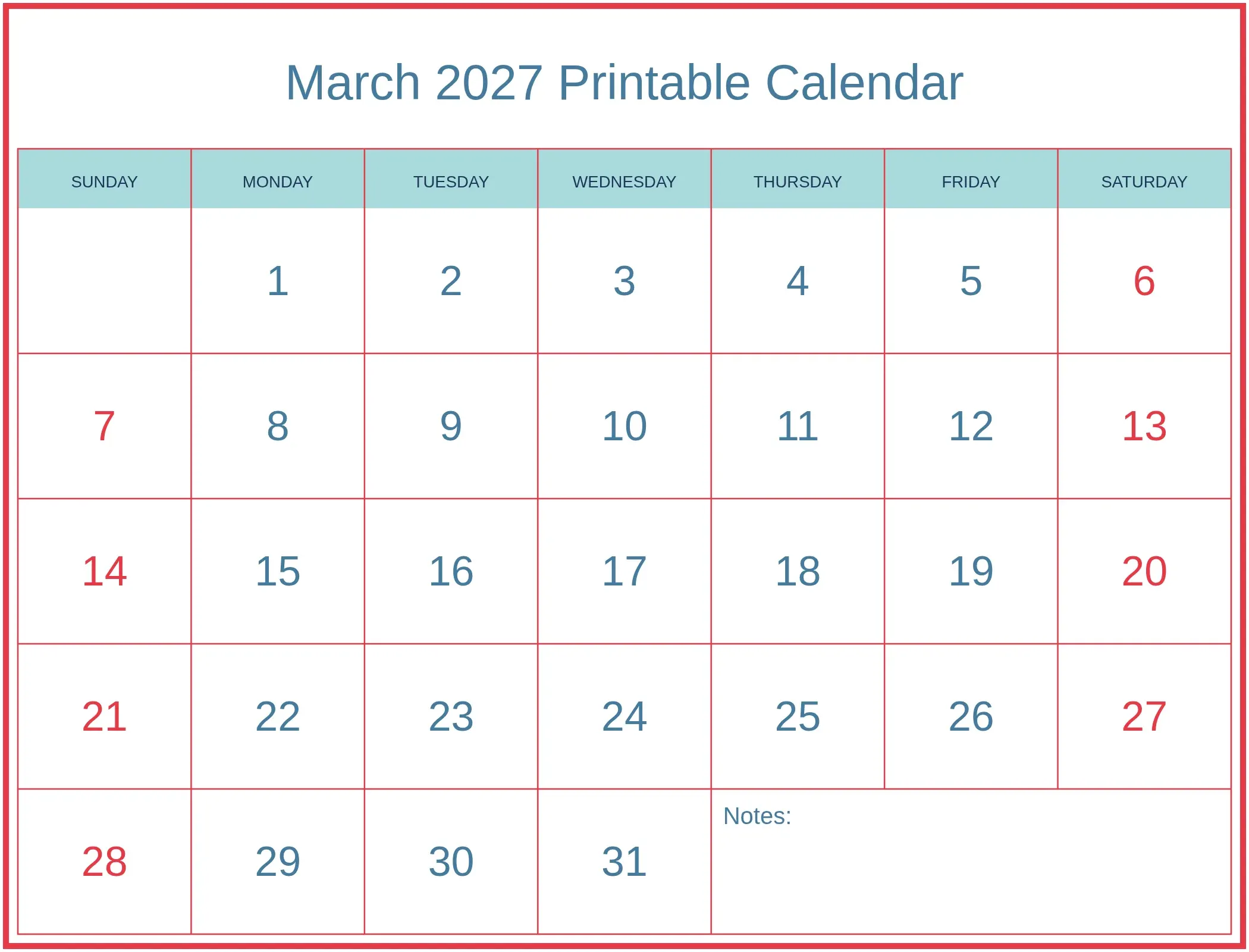 March 2027 Printable Calendar with Notes Bottom Landscape