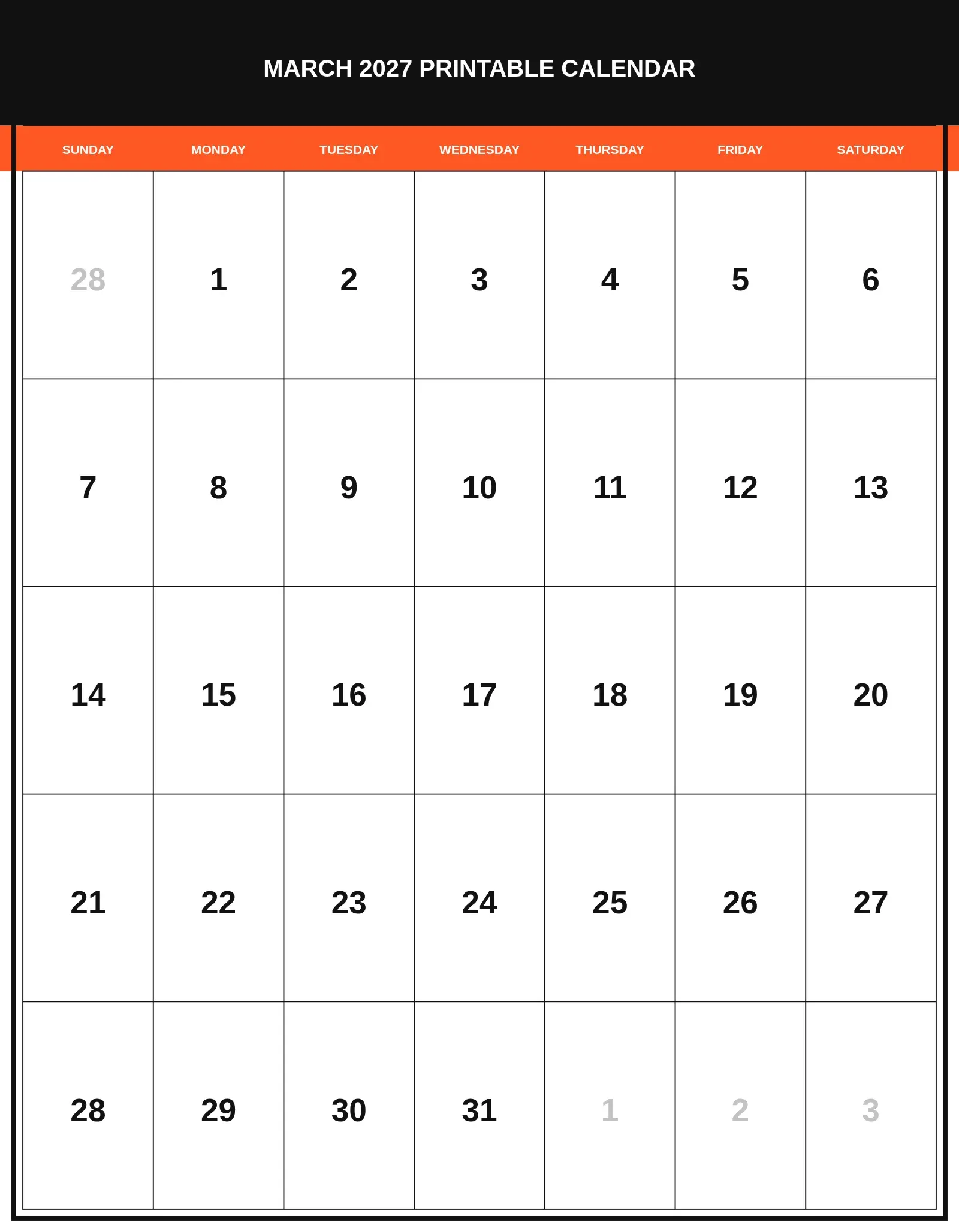March 2027 Printable Calendar With Portrait Template