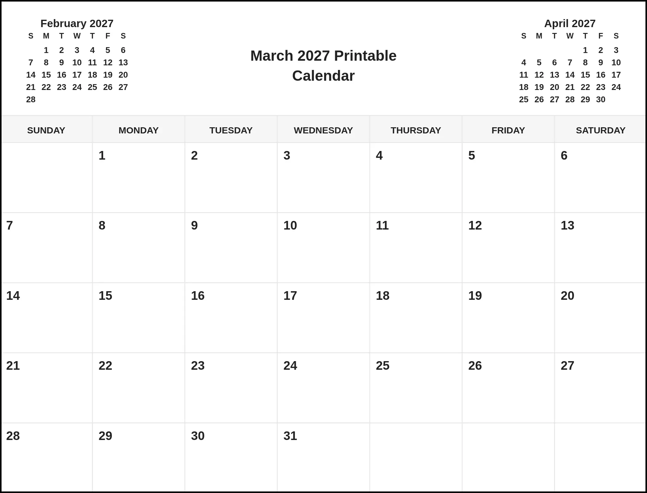 March 2027 Printable Calendar With Three Month View March 2027 Printable Calendar With Three Month View
