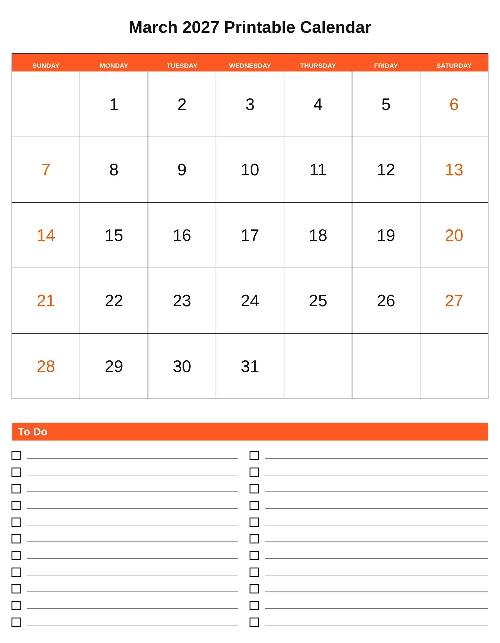 March 2027 Printable Calendar With To Do List Bottom Portrait March 2027 Printable Calendar With To Do List Bottom Portrait